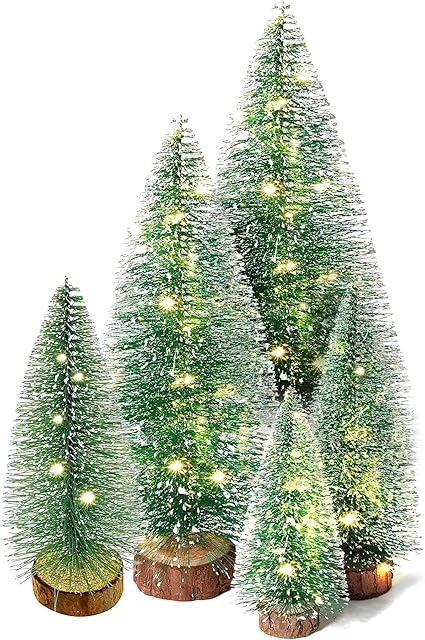 SULOLI Small Snow Christmas Tree 5Pcs Artificial Frost Trees and 3M/3.28 Yard Wire String Lights Mini Ornaments Tabletop Trees Plastic Winter DIY Crafts Mini Pine Tree