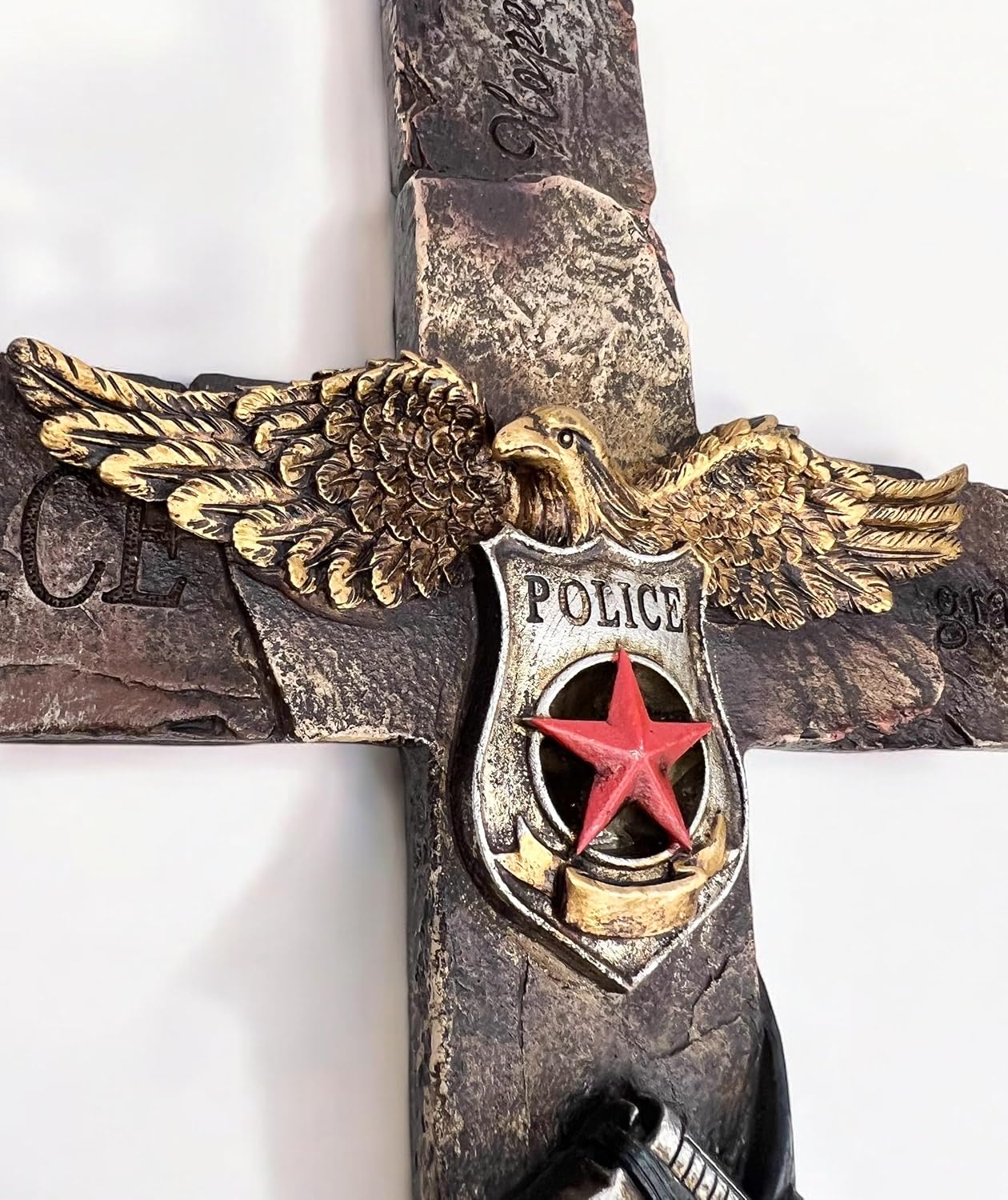 Top Brass Police Decorative Wall Cross – Golden Eagle/Police Badge Center – Rugged Engraved Stone Look - The Lord Will Guide You Always – Law Enforcement Keepsake