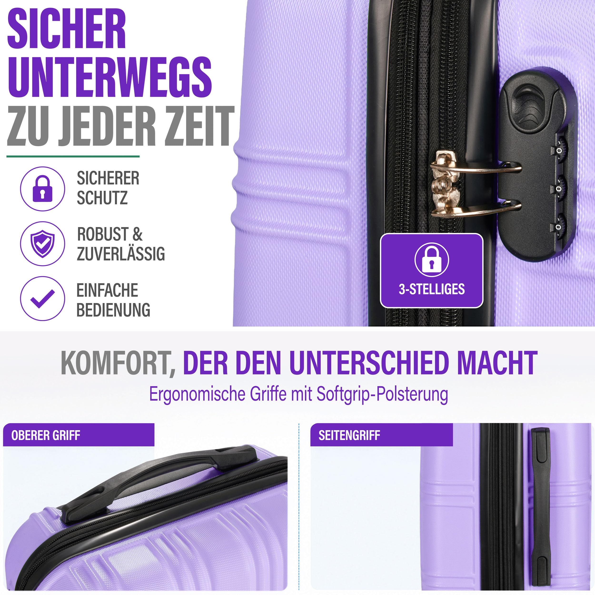 BRUBAKER Hartschalen Reisekoffer Bahamas - Erweiterbarer Rollkoffer mit Zahlenschloss, 4 Rollen und Teleskopgriff - ABS Koffer 43 x 66,5 x 28,5 cm - Hartschalenkoffer (L - Flieder Lila)