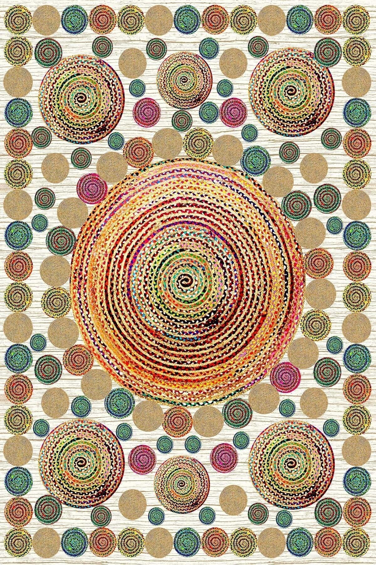 Pelangi Jüt Hasır Kilim Görünümlü Dijital Baskılı Kaymaz Taban Yıkanabilir Modern Salon Halısı Ve Yolluk, Beyaz 80 x 300