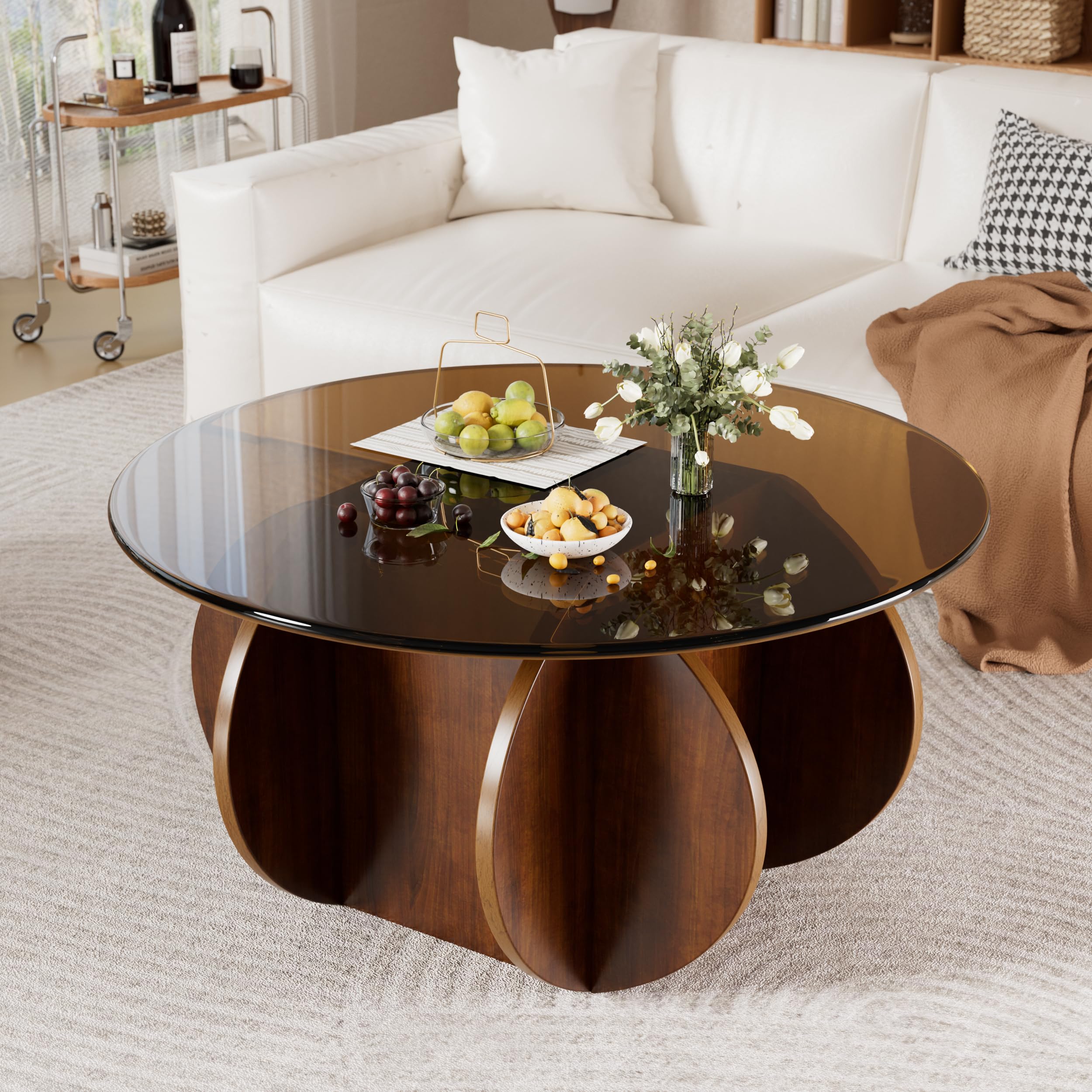 Mesa de Centro Redonda de Cristal Templado con Base De Madera Mesa de Salón Redonda Mesa Auxiliar Redond Mesa de Café de Salón Minimalista Mesita Baja Sofá para Salón Dormitorio Oficina Ø60cm * 40cmH