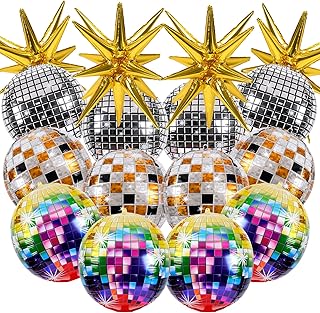 RUBFAC 16 Pcs Disco Ball Balloons for Party Decorations, Multicolor & Silvery Disco Balloons with Huge Gold Explosion Star Aluminum Foil Balloons for Birthday, Bachelorette Party, 70s 80s 90s Theme