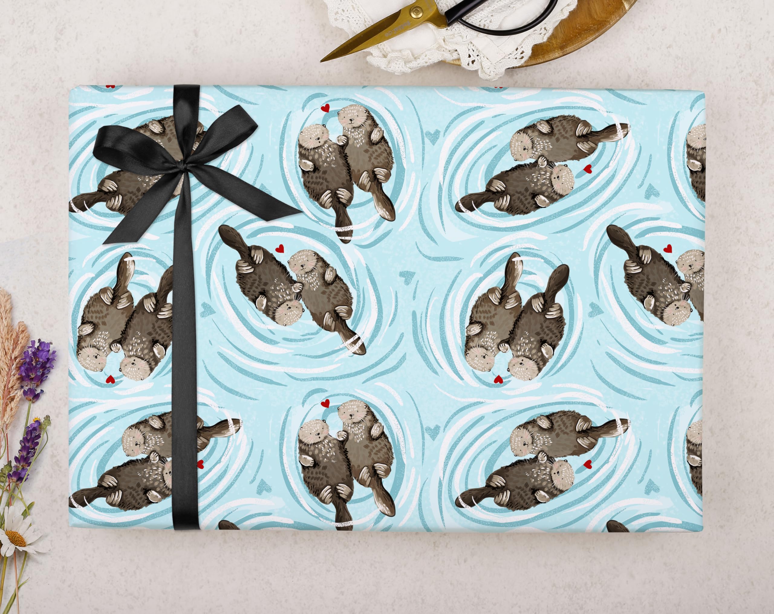 Making Meadows Anniversary Wrapping Paper for Gifts, Valentine Gift Wrap Otter Wrapping Paper Sheets with Blue Design (3 Large Sheet Pack) UK Made