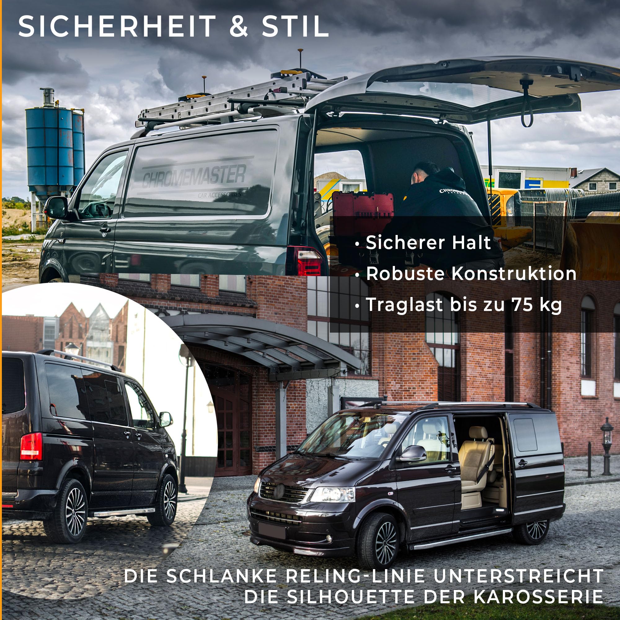 CHROMEMASTER | Dachrelinge Dachträger Kompatibel mit VW Multivan T7 L1 / L2 2021+; Geeignet zur Montage von Dachträgern, Dachboxen und Fahrradträgern | Einfache und Schnelle Montage | Alu