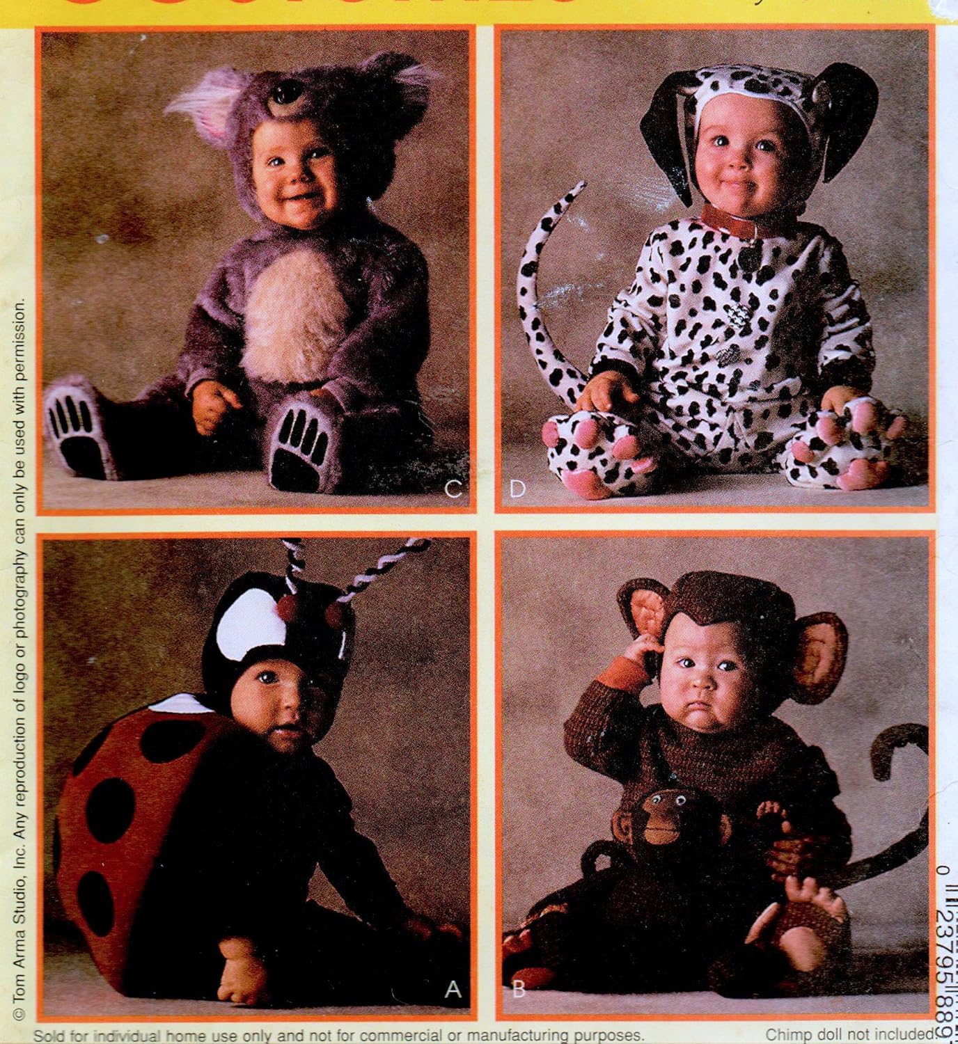 McCall's 8897 Infant/Baby Monkey, Lady Bug, Bear and Dalmatian Costume Sewing Pattern Size 1, Breast 20