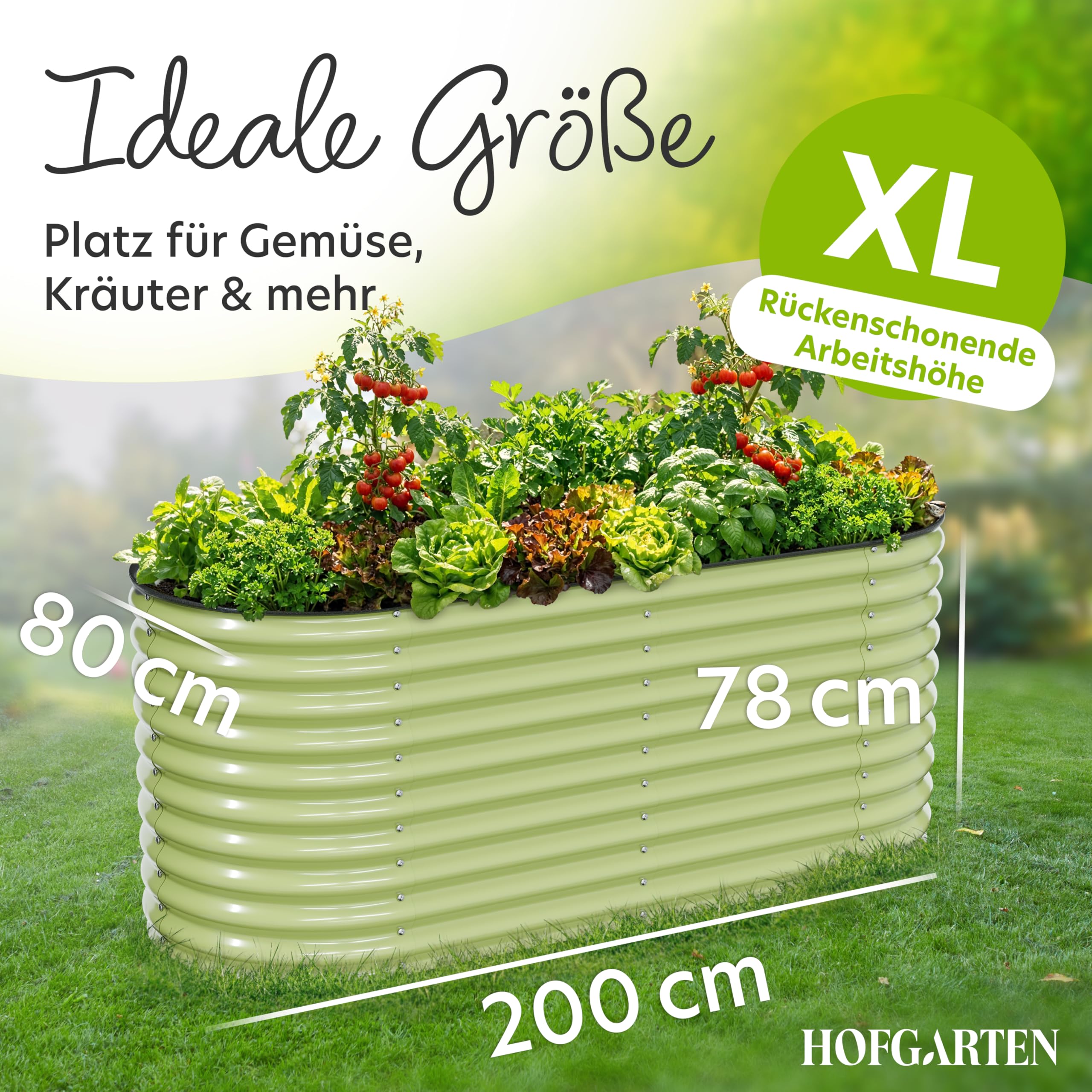 HOFGARTEN Hochbeet Metall 200x80x78 cm - Hochwertiges Gartenbeet aus Zn-Al-Mg Stahl - wetterfest & rostgeschützt - Ergonomisches Gärtnern - Modell QuickGrow XL (Salbei)