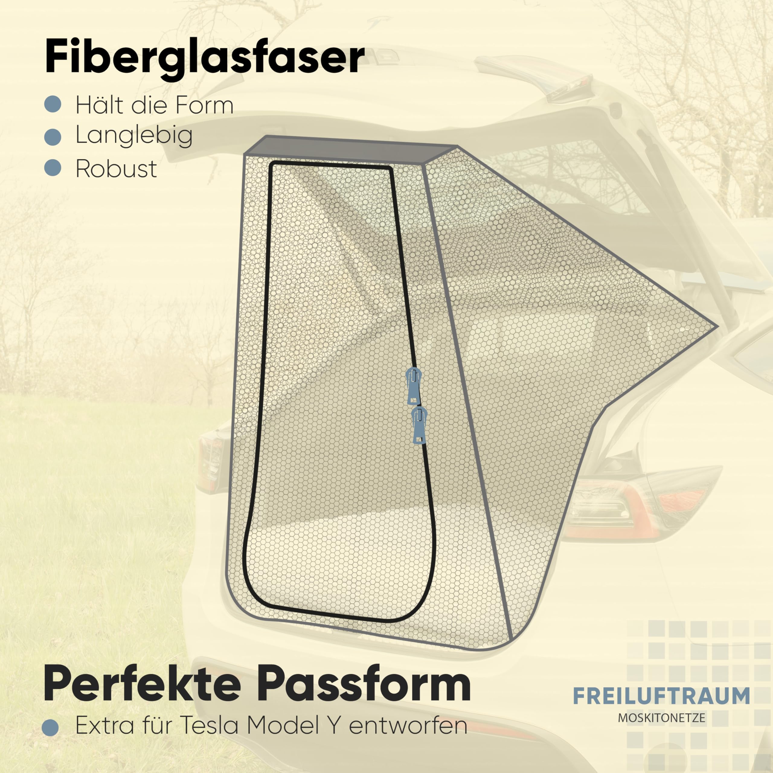 Moskitonetz Kofferraum für Tesla Model Y – Insektenschutz Netz für Camping & Schlafen im Auto – Passgenau, einfach montierbar – Zubehör für Tesla Model Y