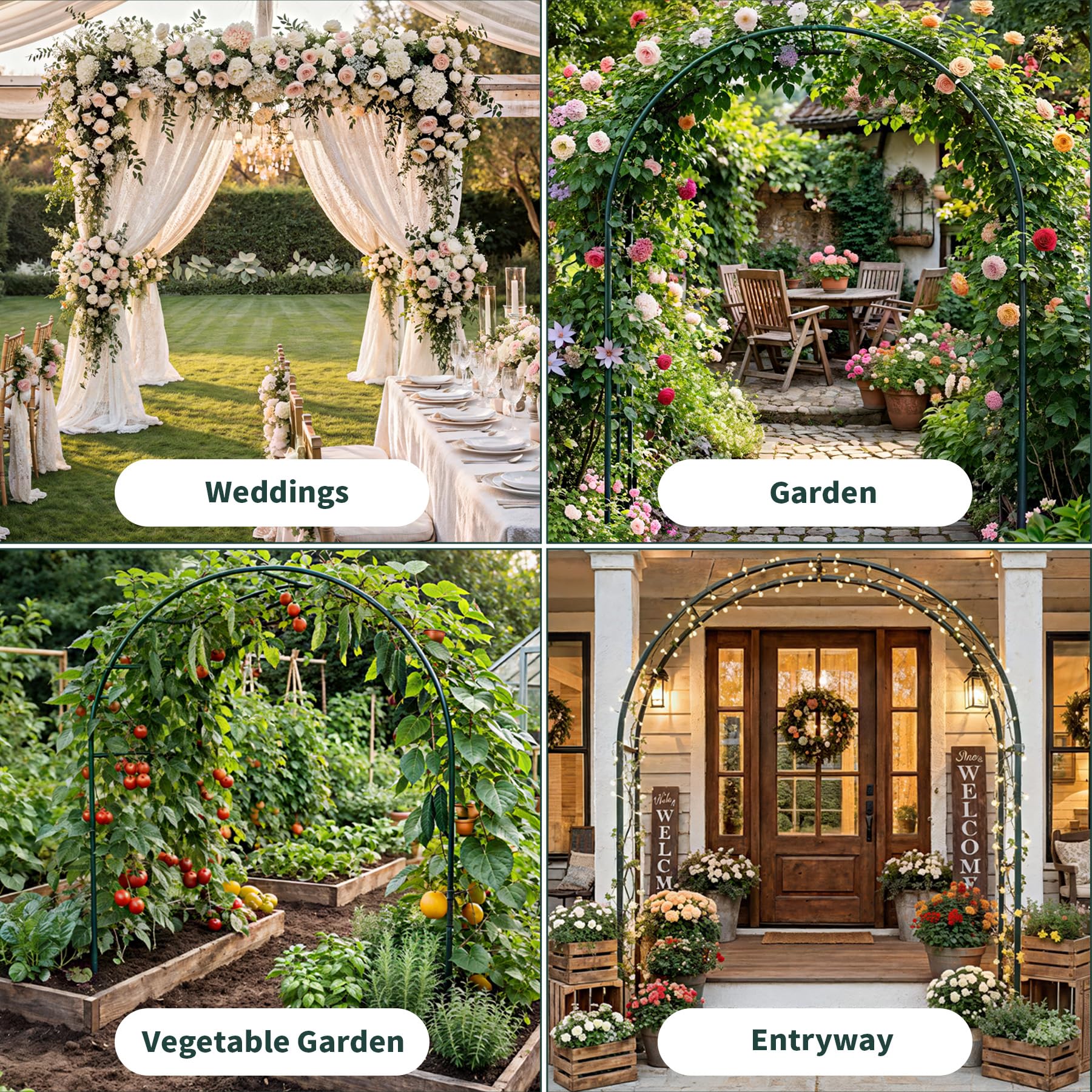 Arco per rose, arco da giardino in metallo con base, 140 x 240 cm, decorazione con piante, fiori, palloncino per compleanni, matrimoni, serate romantiche, verde