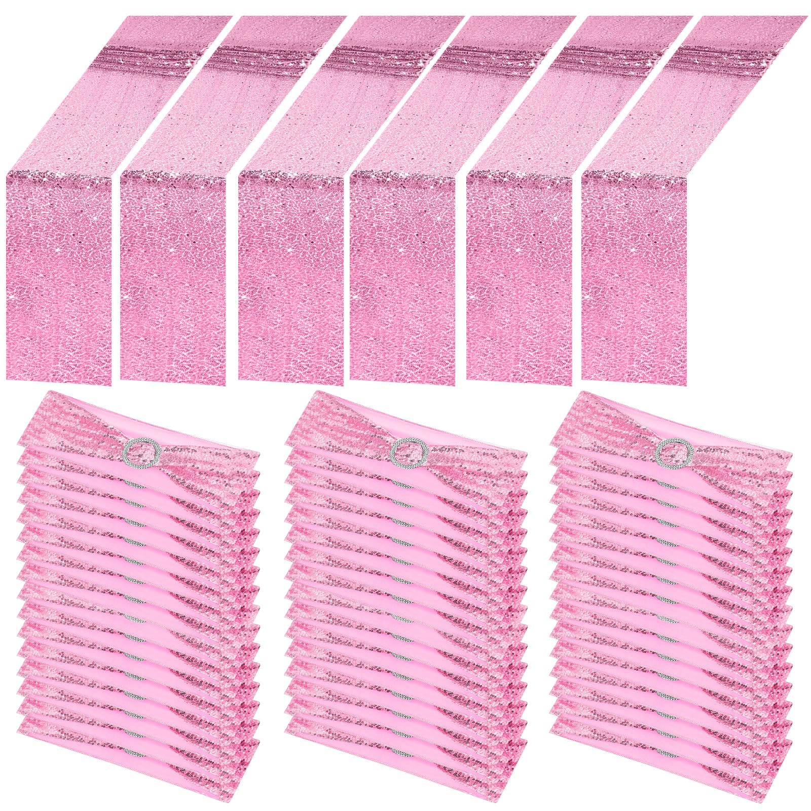 Newwiee 54 Piezas Bandas Plateadas Con Lentejuelas Para Sillas Y Caminos De Mesa, 48 Lazos Con Lentejuelas Para Sillas, 6 Caminos De Mesa Con Purpurina Para Fiestas De Cumpleaños, Bodas, Banquetes