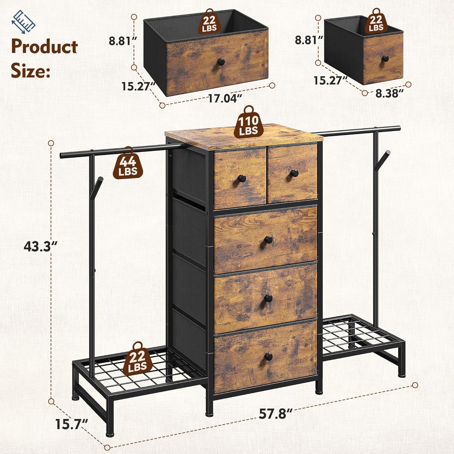 Romorgniz 57.8" W Dresser with Hanging Rack & 5 Fabric Drawers for Bedroom Chest of Drawers with Shoe Racks, Wooden Top Organizer, Rustic Brown