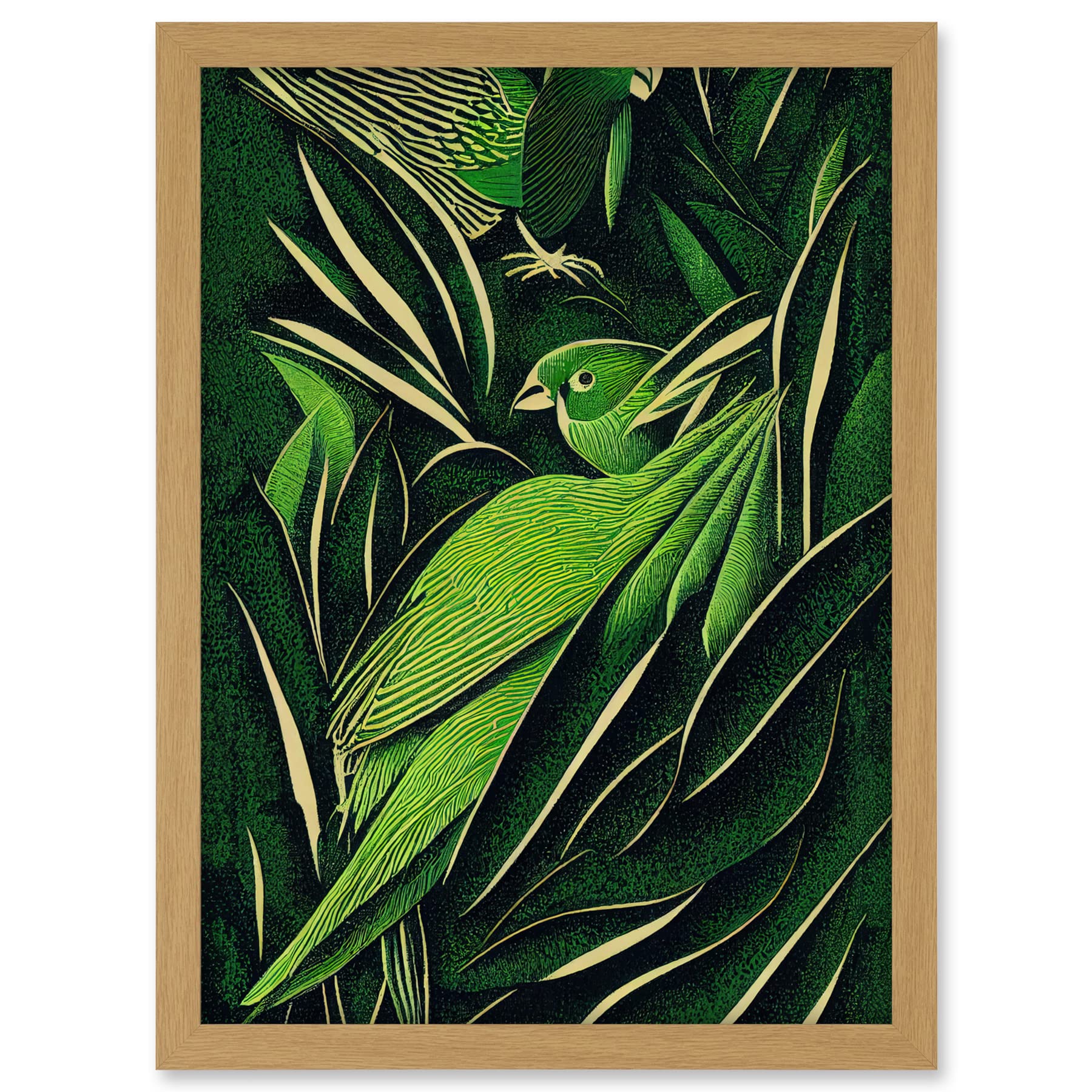 Wee Blue Coo Green Modern Vintage Retro Abstract Jungle Tropical Leaves Parrots Illustration Artwork Framed A3 Wall Art Print