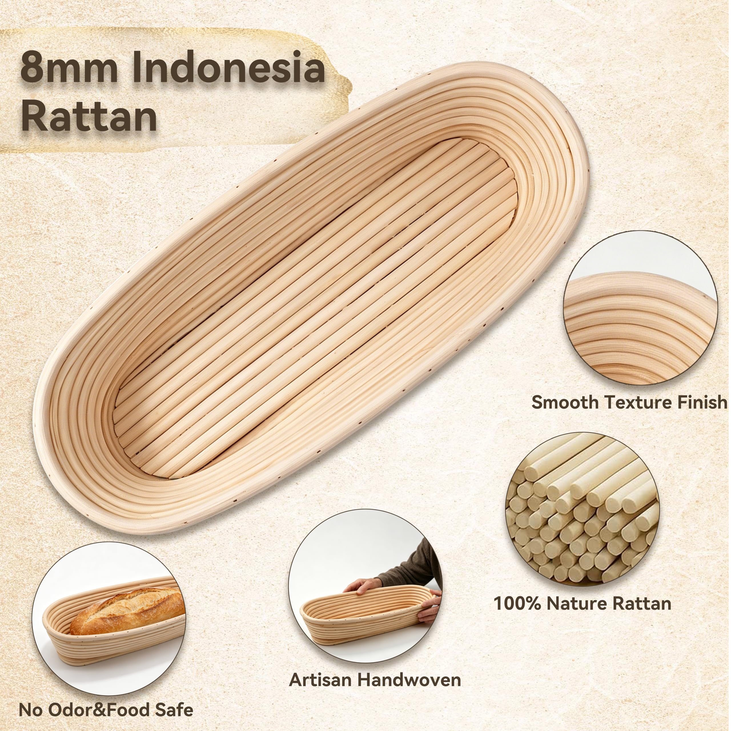Banneton cesta de pruebas 14" Ovalado Banneton Brotform cuenco de ratán cesta para fermentación de masa para 1000 g de masa - 35 cm