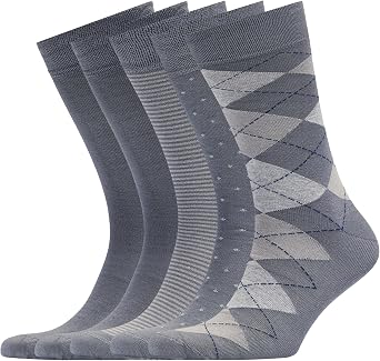VRD Men's Dress Socks Bamboo Rayon, 5-Pack Crew Socks, Multiple Colors and Designs, Shoe Size 8-13, Gift Box