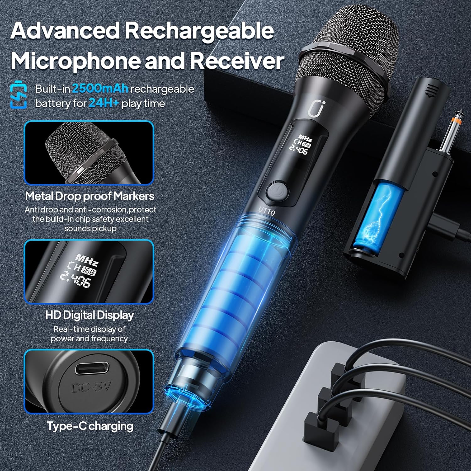 Wireless Microphones, Two Rechargeable Bluetooth 5.3 Microphones for Karaoke Singing, Rechargeable Dynamic Mic System with Receiver for Church, Party, Meeting, Speech, PA System, Plug and Play (Gray)
