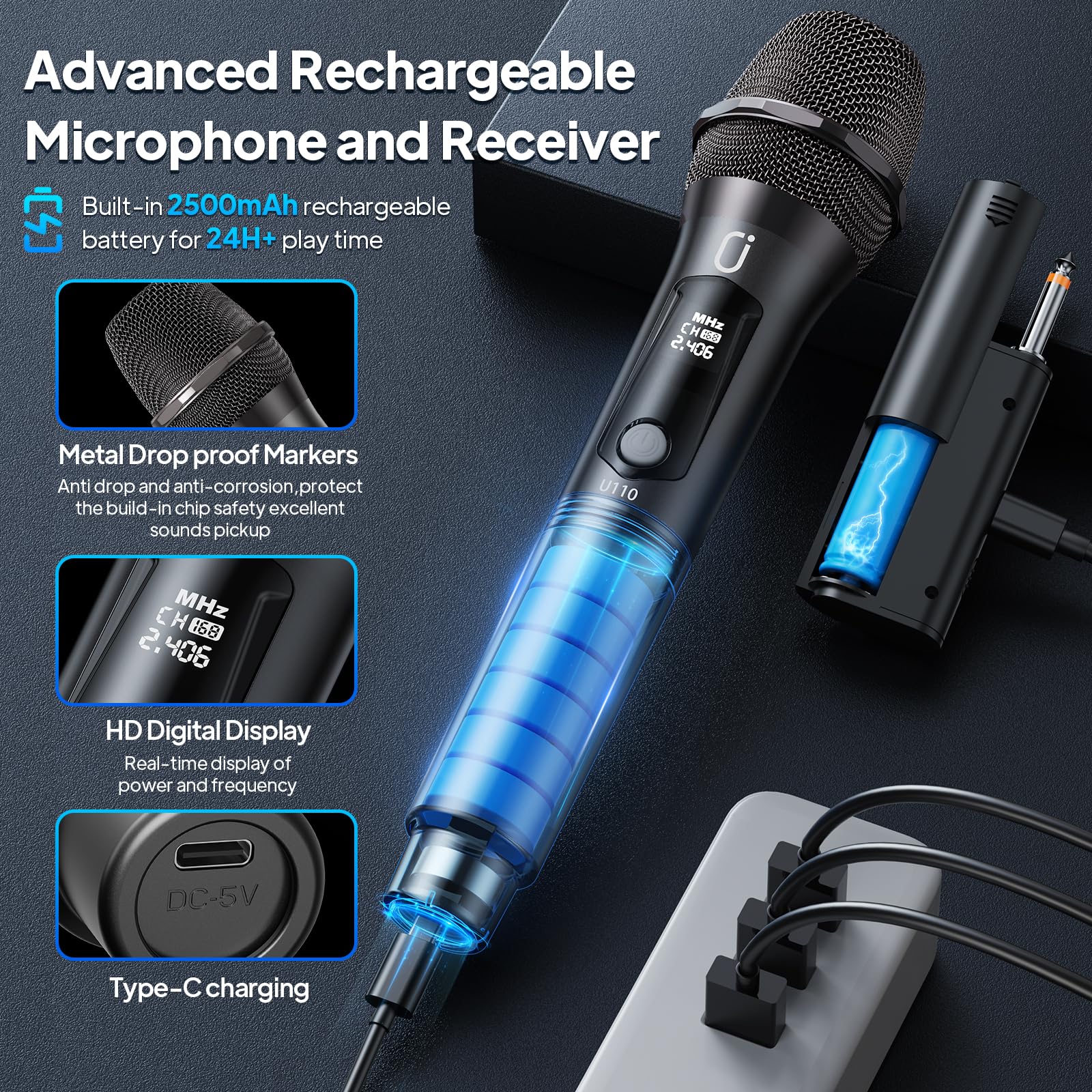 PPMIC Microphones rechargeables sans fil, double microphone UHF professionnel pour karaoké, système de microphone dynamique sans fil avec récepteur rechargeable