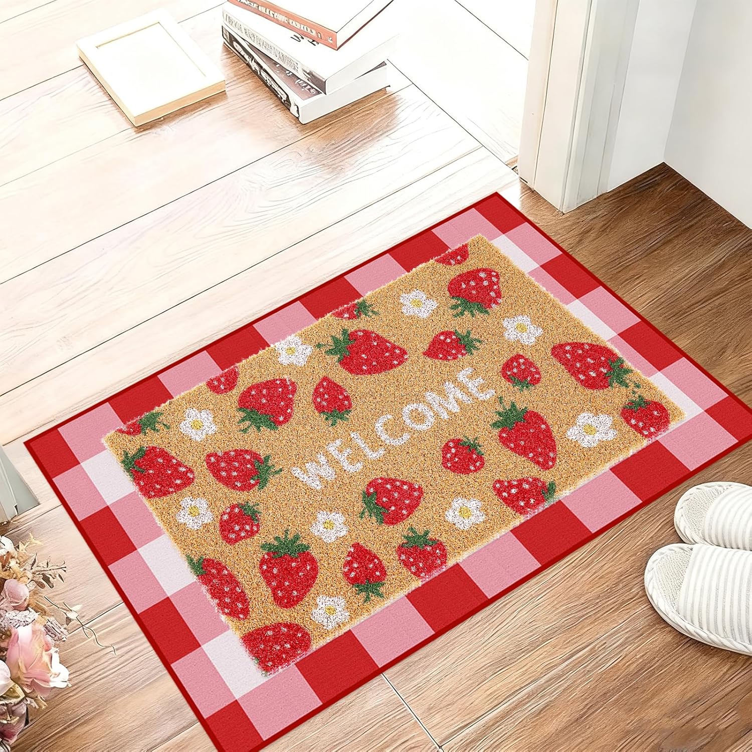 Whaline 2 Pcs Strawberry Daisy Doormat Set Floor Mat Red Pink Checkered Fruit Coir Non-Slip Front Door Rug for Spring Summer Indoor Outdoor Home Kitchen Bathroom Entrance Porch