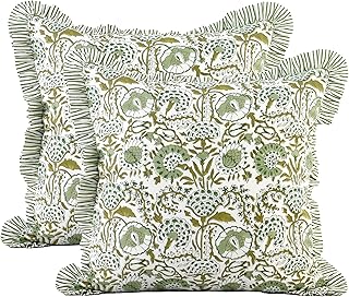 CPC Agate Green Ruffle Throw Pillow Covers for Couch, 20x20 Inch Cotton Stripe Ruffle Couch Pillows for Living Room, Hidde...