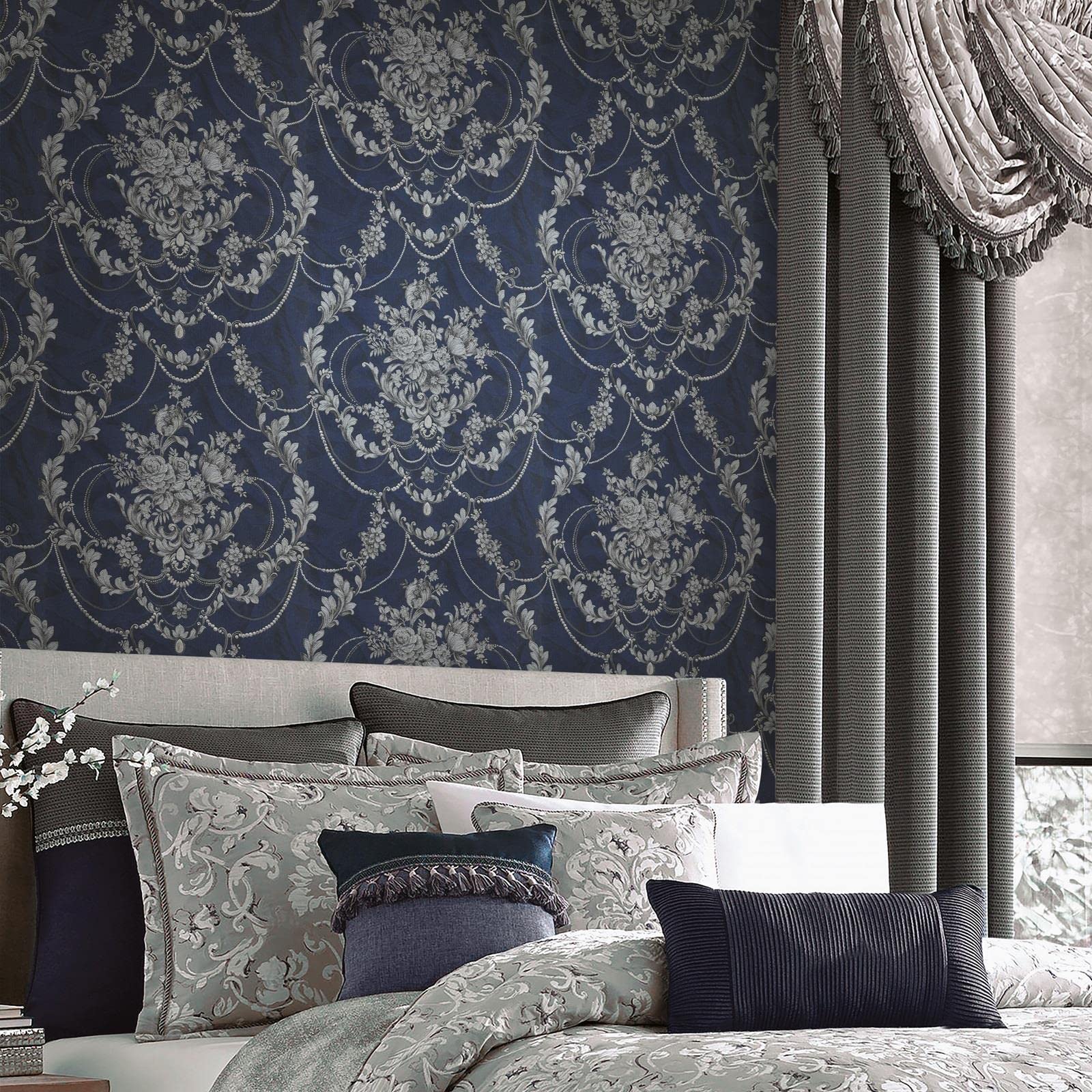 Debona Wallcoverings Blue,Navy Debona Perla Floral Damask Wallpaper Textured Italian Vinyl Embossed Metallic Glitter 10M Roll Navy Blue 9086