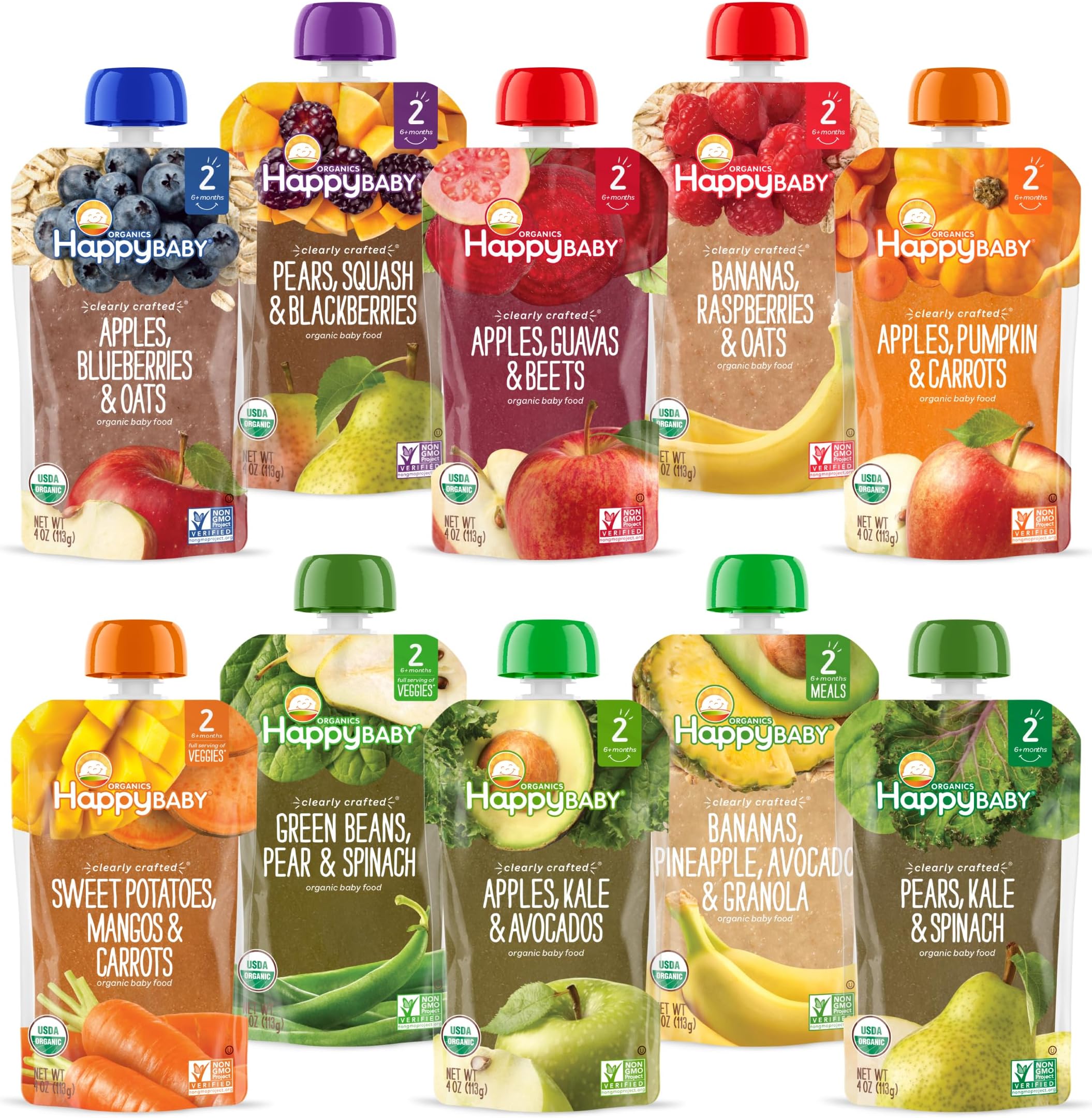 Organics Stage 2 Baby Food Pouches, Gluten Free, Vegan & Healthy Snack, Clearly Crafted Fruit & Veggie Puree, Fruit & Veggie Variety Pack, 4 Ounces (Pack of 10), Amazon Exclusive