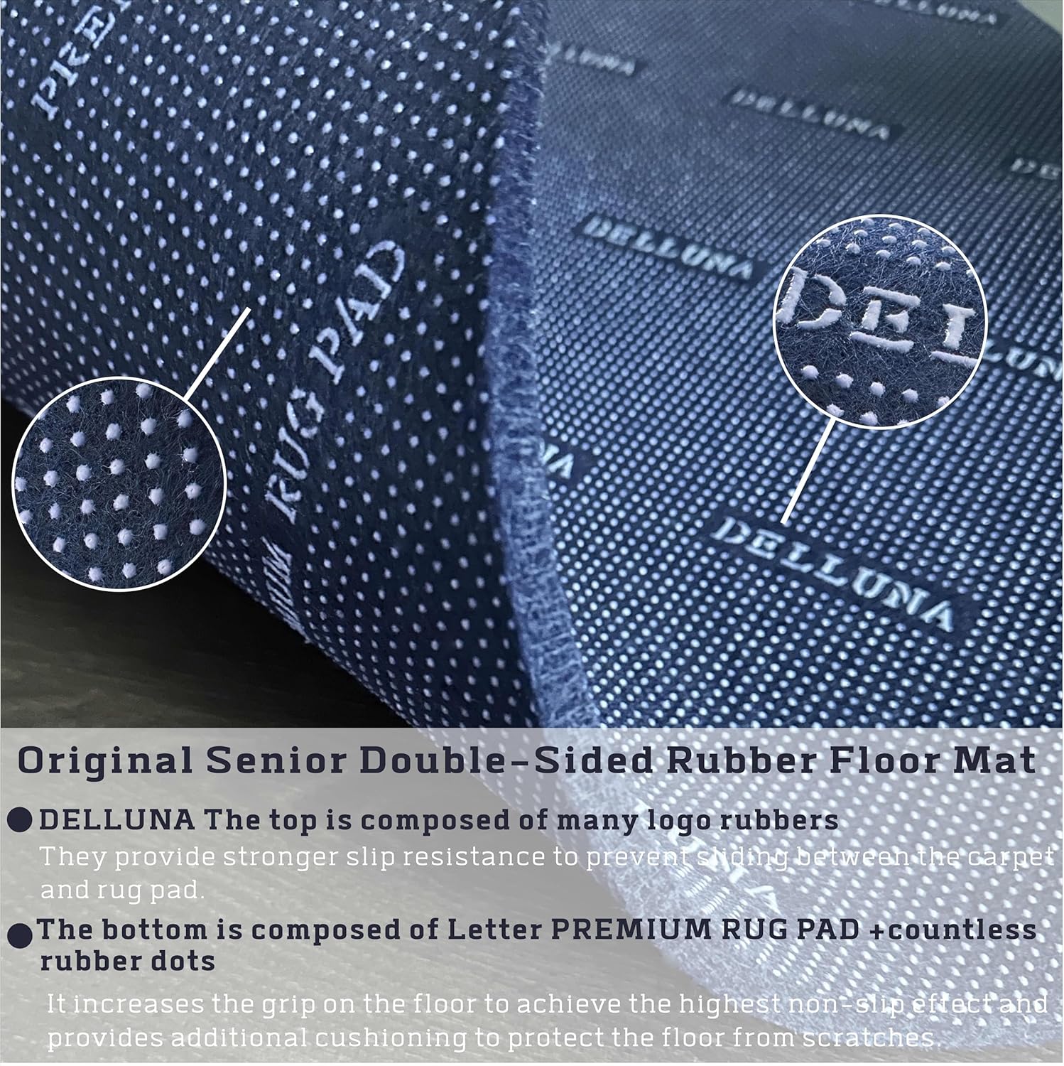 DELLUNA Non-Slip Area Rug Pad 1/4" Thick Double Side Rubber + Felt, 5'x7' Premium Deluxe Cushioned- Safe for All Floors, Adds Comfort and Protection, Ultra Strong Grip, Stop Rug from Moving.