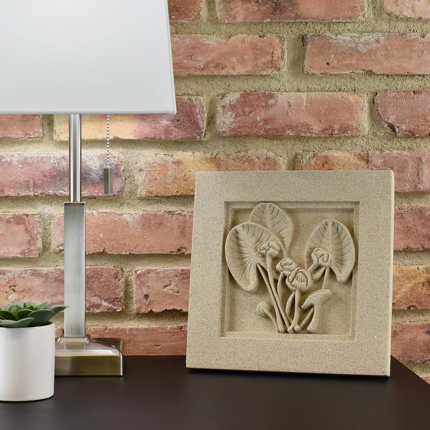 Sculpted Architectural Bas Relief 3D Tile Plaque Ornament, Solid Cast Stone, Water Lily Design, 9.5"x9.5" with Keyhole for Wall Hanging (Buff)