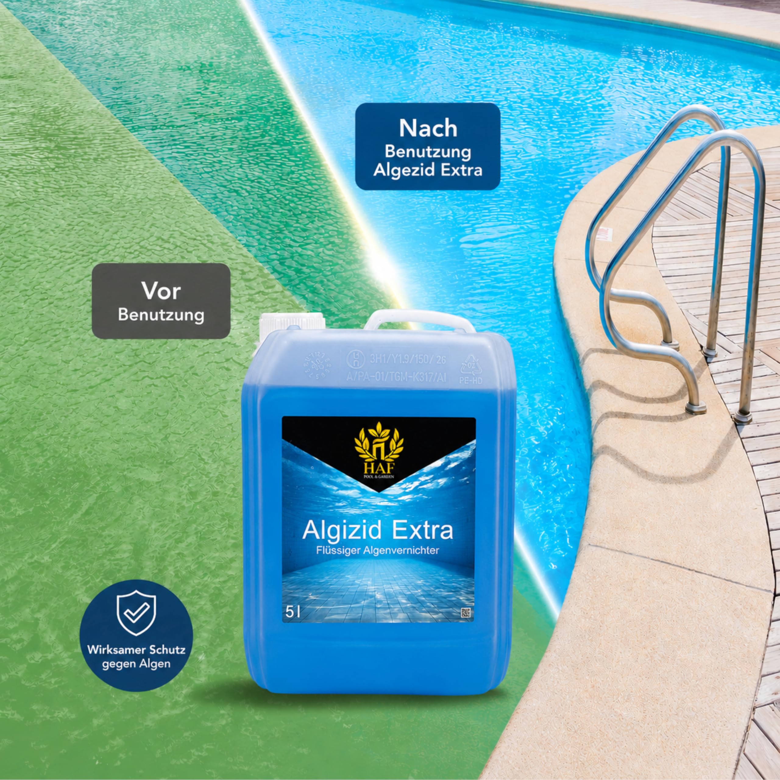 HAF Algizid Extra für Pool & Schwimmbad (2 x 5 Liter) – Algenvernichter und Algenverhüter gegen grünes Wasser – schnelle Algenbekämpfung und dauerhafte Algenprävention für Aufstellpool & Einbaupool