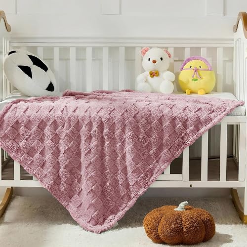 SUPRYNEX Plum Pink Textured Checkered Baby Blanket, 330GSM Soft Plush Fleece Bla