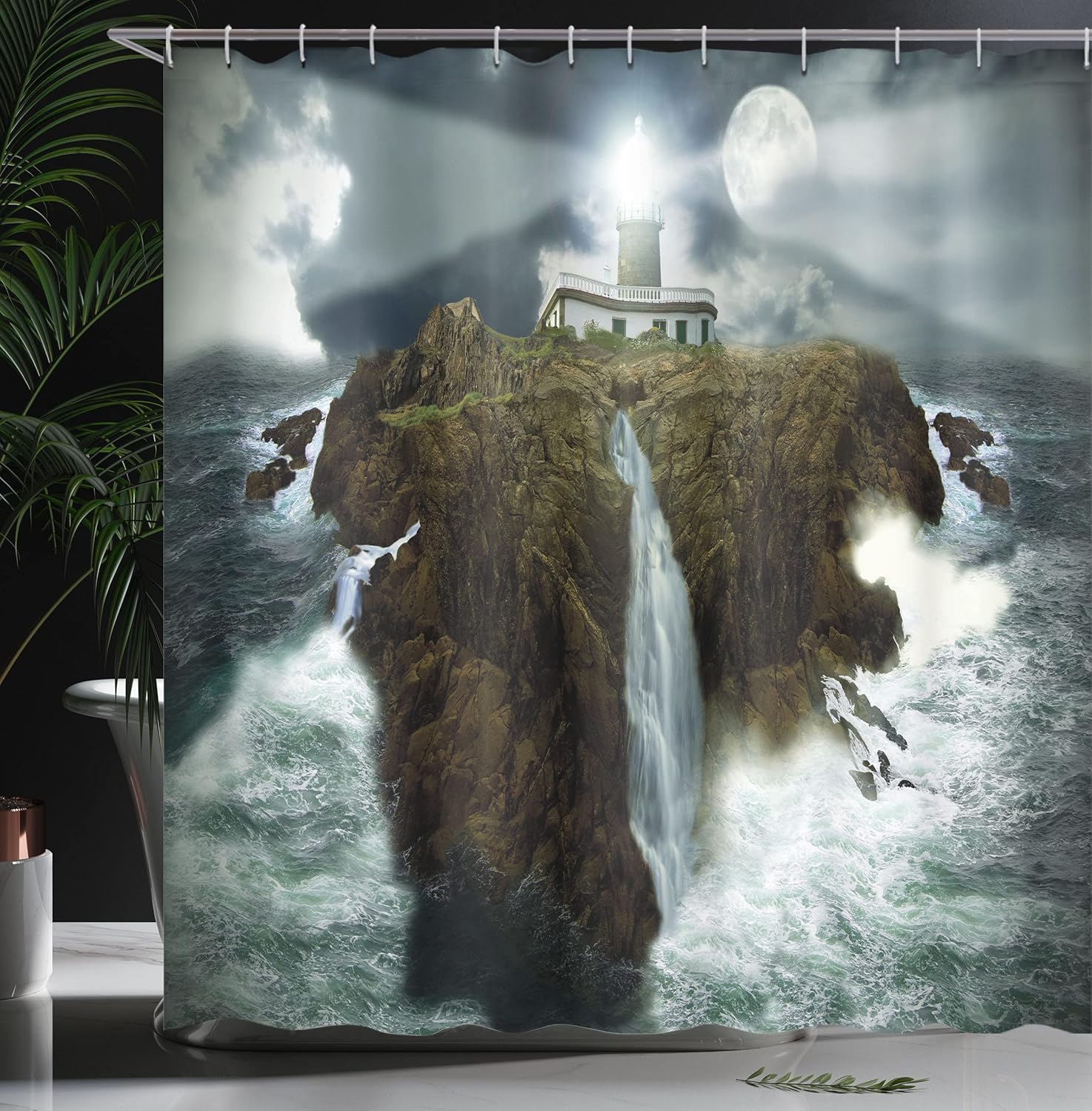 Ambesonne Lighthouse Shower Curtain, Island Rocks Stormy Sea Crashing Waves Full Moon Beams, Cloth Fabric Bathroom Decor Set with Hooks, 69" W x 70" L, Grey White Brown