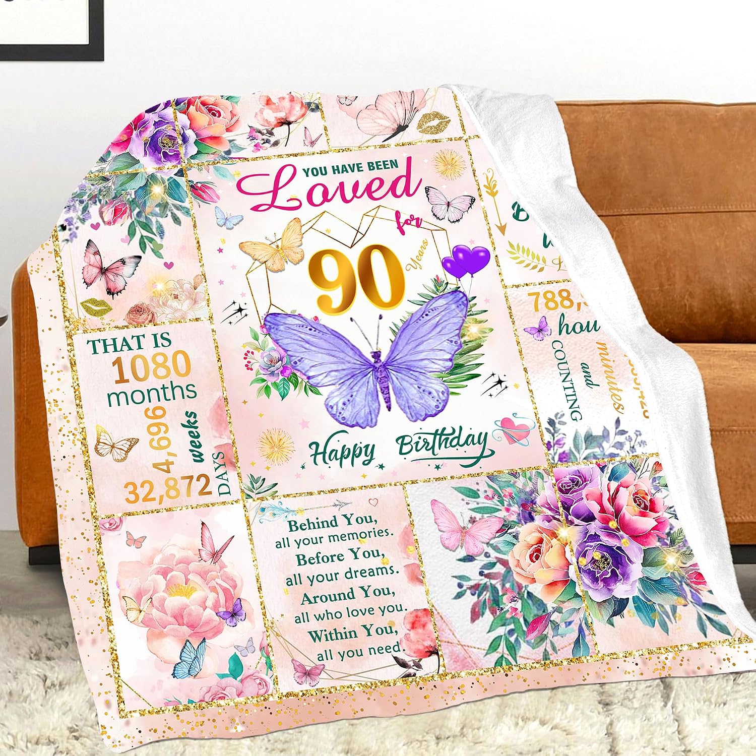 90th Birthday Gifts for Women, Super Soft Unique Fun Purple Butterfly Flower Blanket Gifts for Anniversary Christmas, 90th Birthday Decorations for Women, Cozy Warm Plush Fuzzy Fleece Blanket 60"x50"