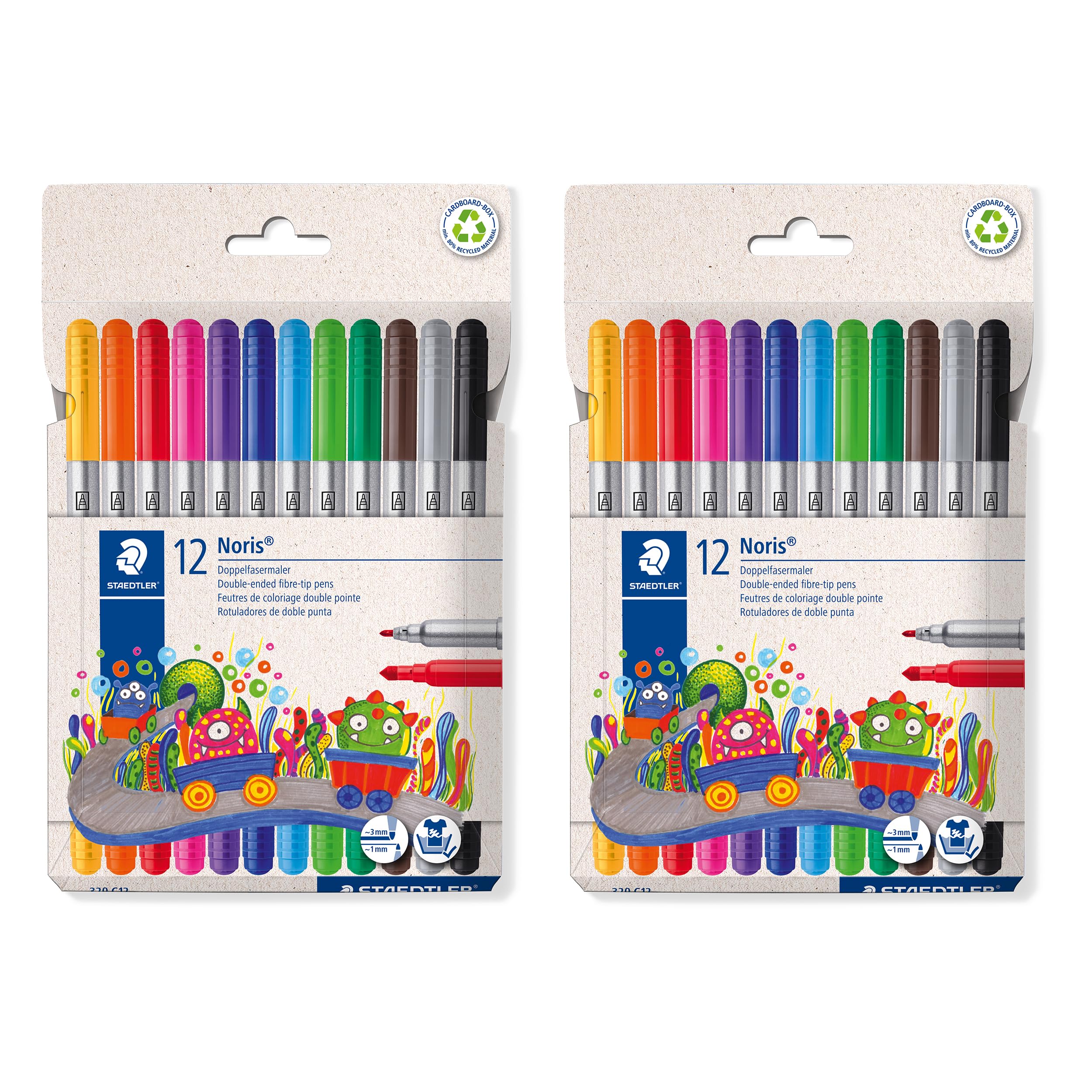 STAEDTLER Noris Club Dual Tip Marker Set – 24 Markers with Two Tips – Washable and Pressure Resistant – Creative Set for Kids and Hobbyists with Case of 2 x 12 Colours