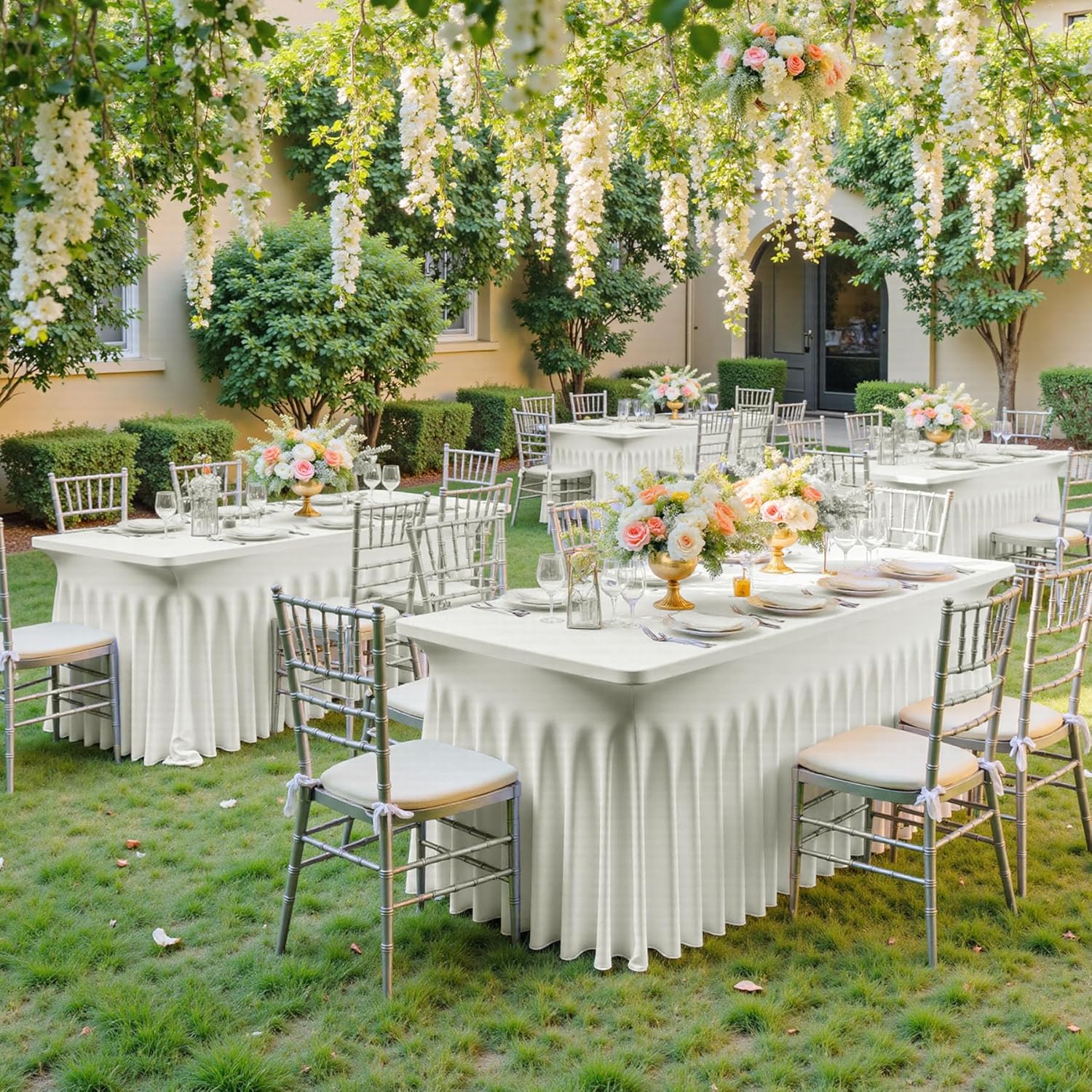 2 pk Ivory Spandex Tablecloth 6ft with Ruffle Skirts,Wrinkle Free High Stretch Cream Fitted Tablecloths for 6 Foot Rectangle Tables,Elastic Spandex Table Covers 6 ft for Parties Weddings Banquet