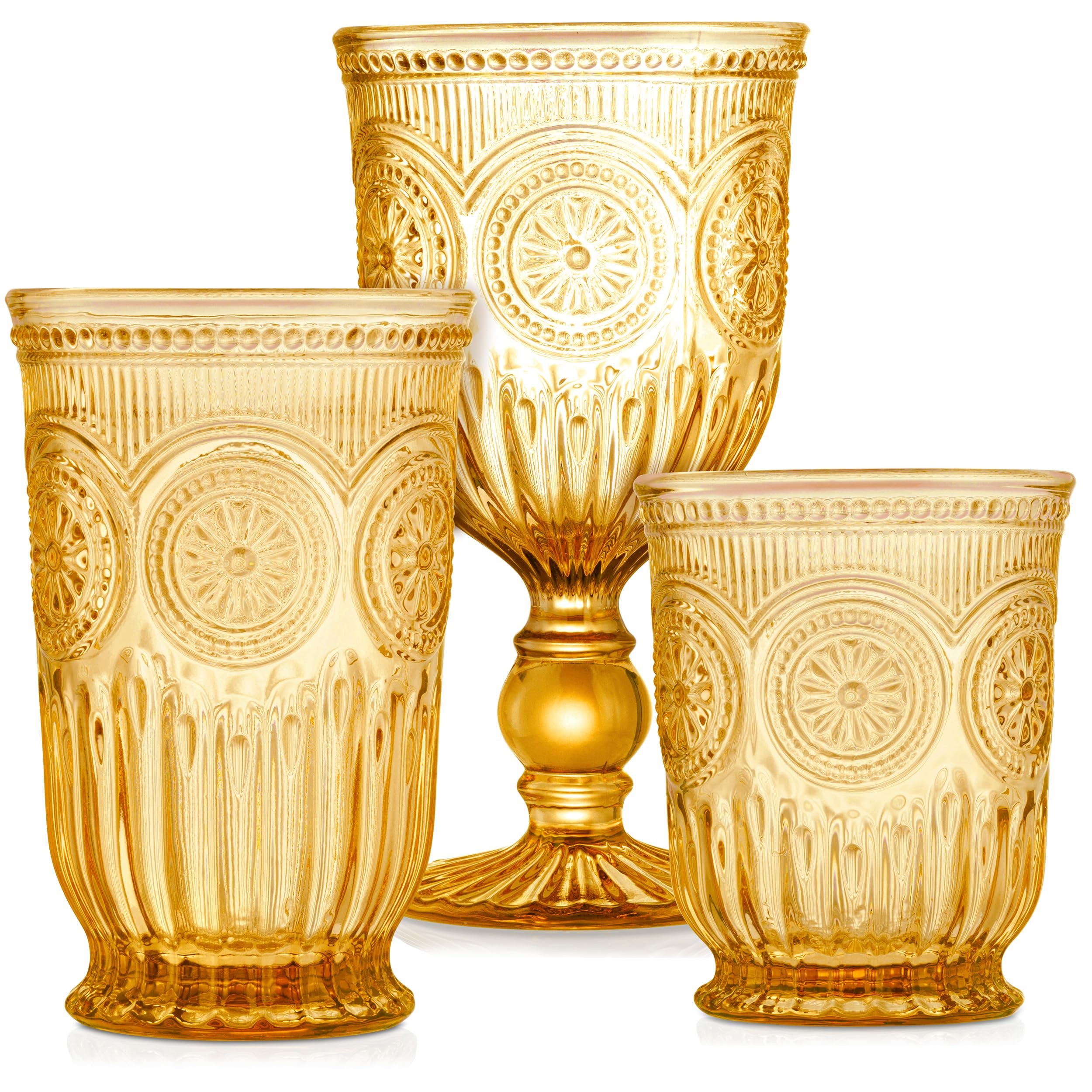 Yungala Amber Glassware Bundle - Wine Highball Small Drinking Glasses - Matching Sets With Sunflower Emboss Design