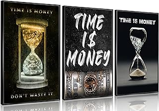 3Pcs Time Is Money Canvas Wall Art Inspirational Modern Money Art Painting Picture Wall Decor Positive Business Quotes Poster Print Artwork for Living Room Bedroom Office Studio Home Decoration【UNFRAMED】