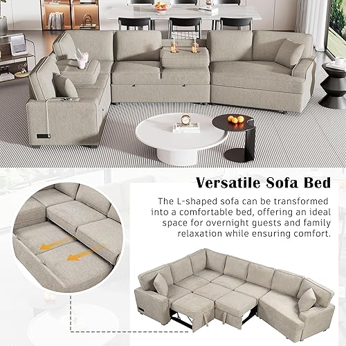 Miniatura 5 de Sofá modular en forma de L de 126 pulgadas con dispositivos de carga, sofá cama extraíble con portavasos y sofá modular convertible para sala de