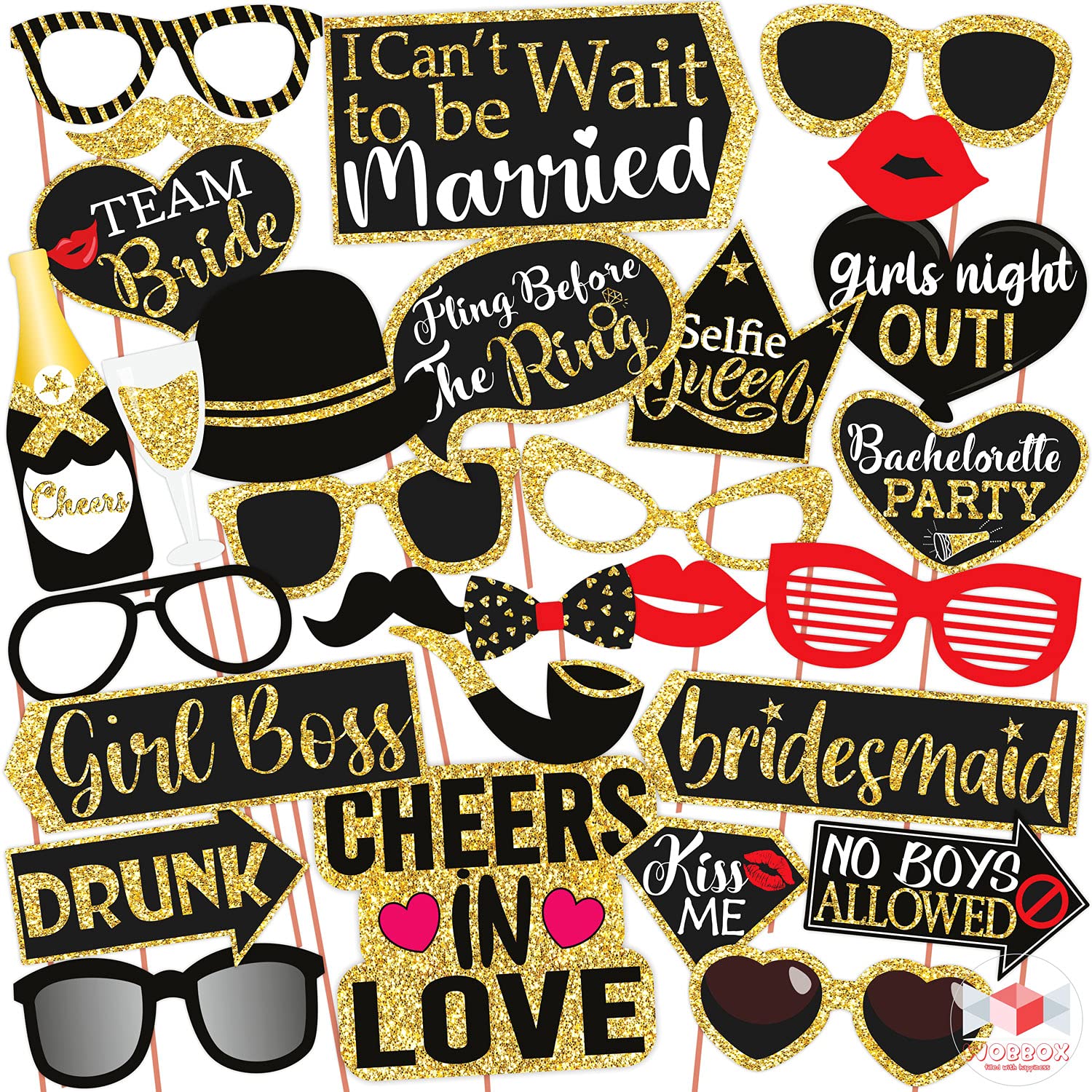 WOBBOX Bachelorette Party Photo Booth Props for Bride & Groom, Bridal Shower Props, Bachelorette Party Decoration, bride to be party decorations items- Golden Glitter & Black