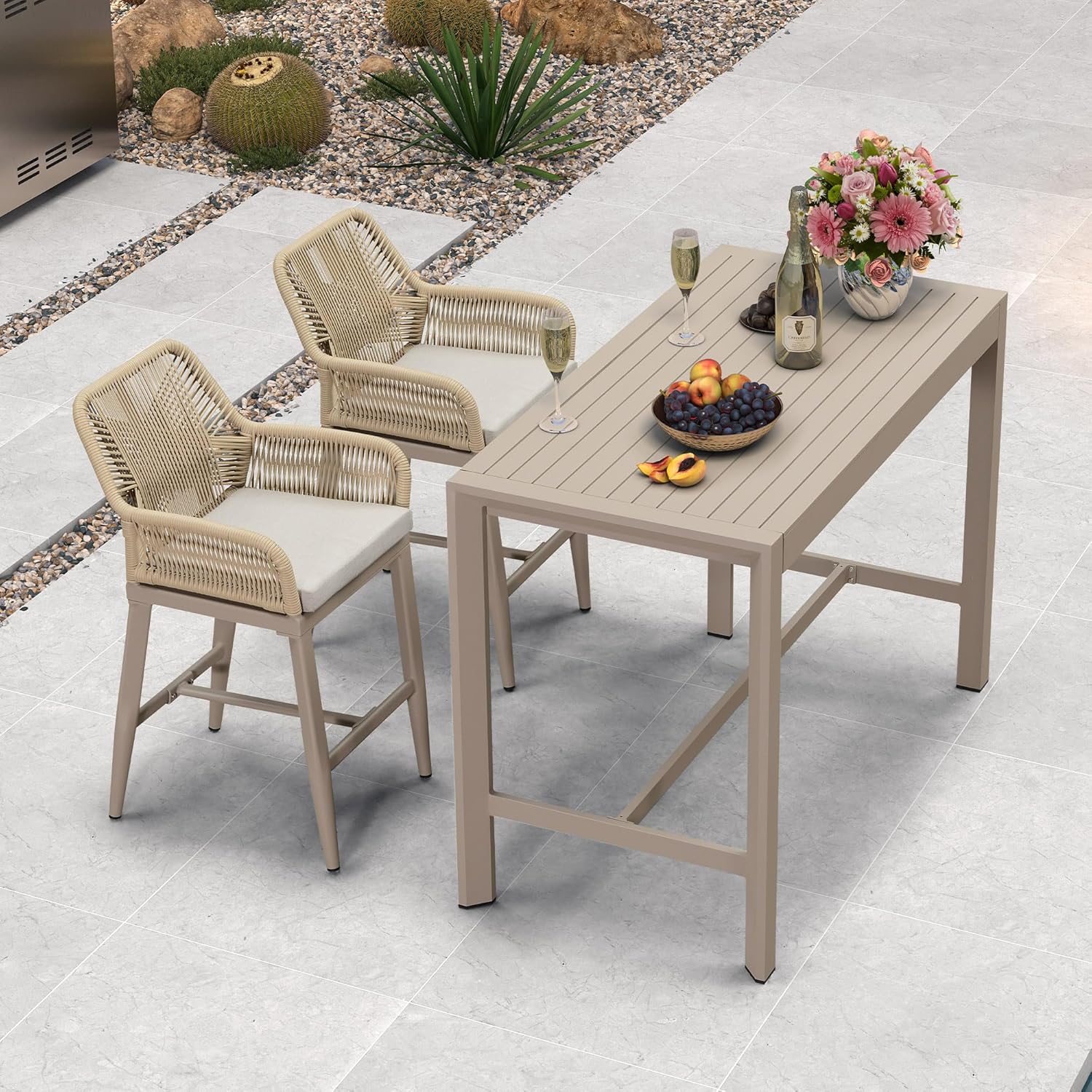 PURPLE LEAF Outdoor 24" Counter Height Bar Stools Chair Set of 2, All Weather Rattan and Aluminum Patio Bar Stool with Cushion for Indoor and Outdoor, Kitchen Island, Champagne