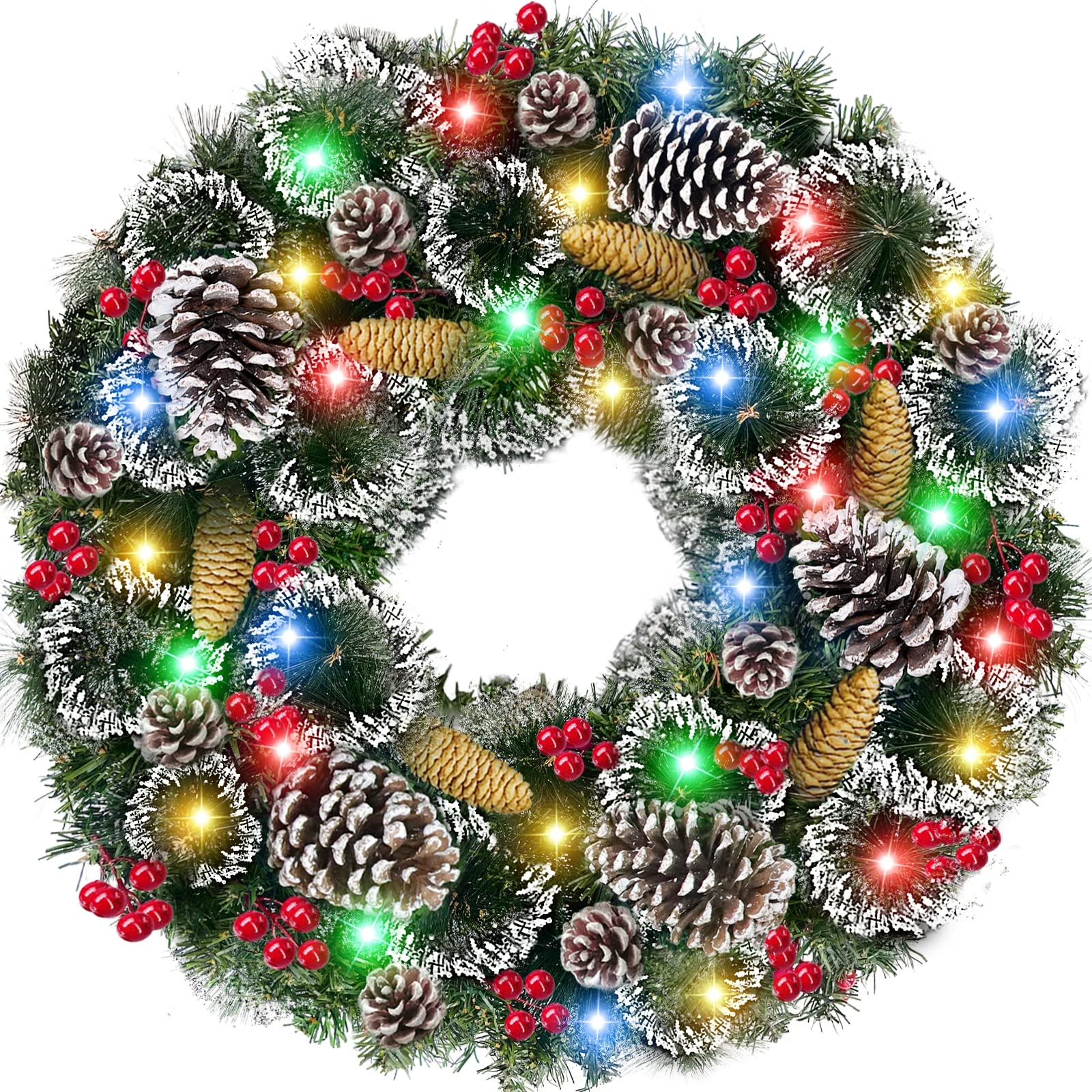 Photo 1 of 26" Prelit Artificial Christmas Wreath 80 Lights Timer Battery Operated Red Berries Pinecones Snowy Bristle Pine Thick Xmas Wreath for Front Door Christmas Decoration Home Indoor Outdoor(Colorful)