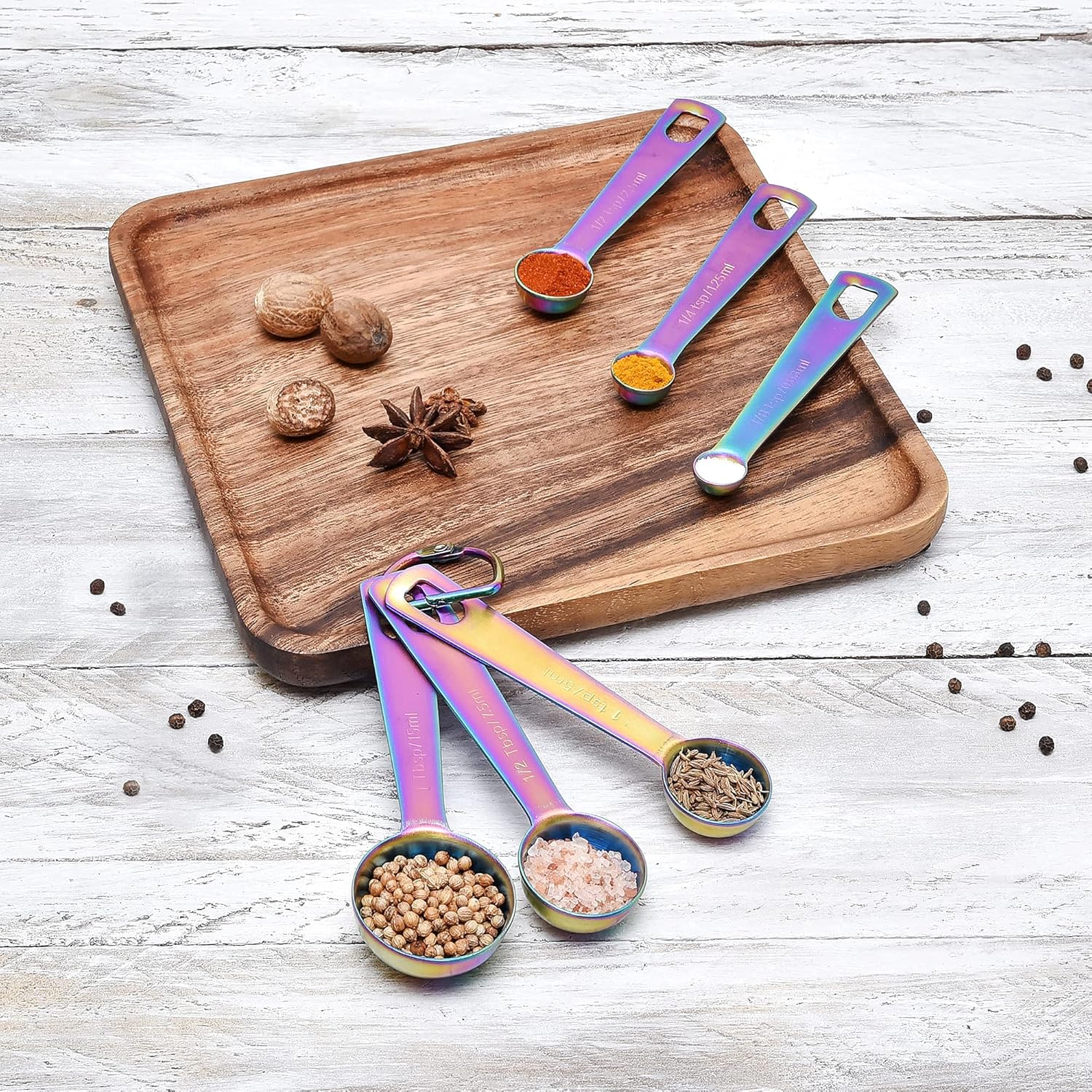 Kich 14 Piece Iridescent Rainbow Stainless Steel Measuring Cups and Spoons Set Magnetic Metal Kitchen Conversion Chart Included Large Small and Mini Scoop Cute Colorful Design