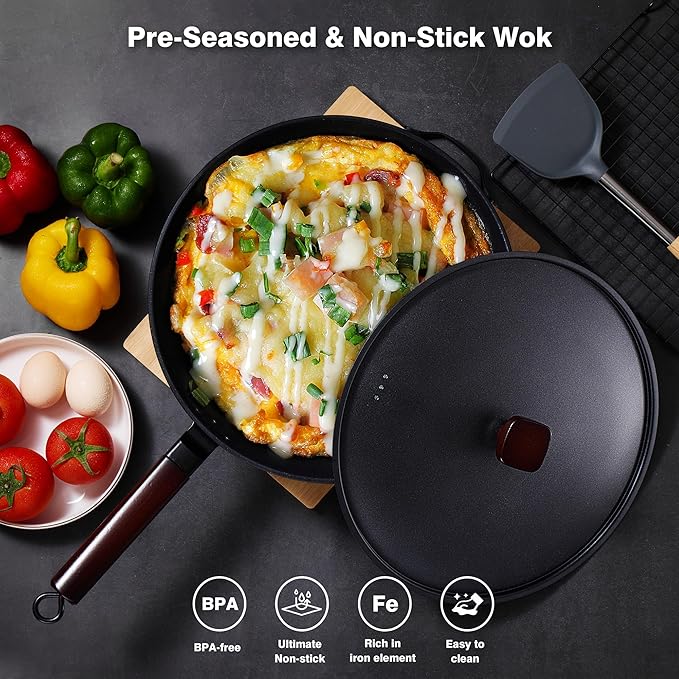 Teewe Wok de Acero Carbono 13 pulgadas Antiadherente con Tapa y Espátula miniatura 8