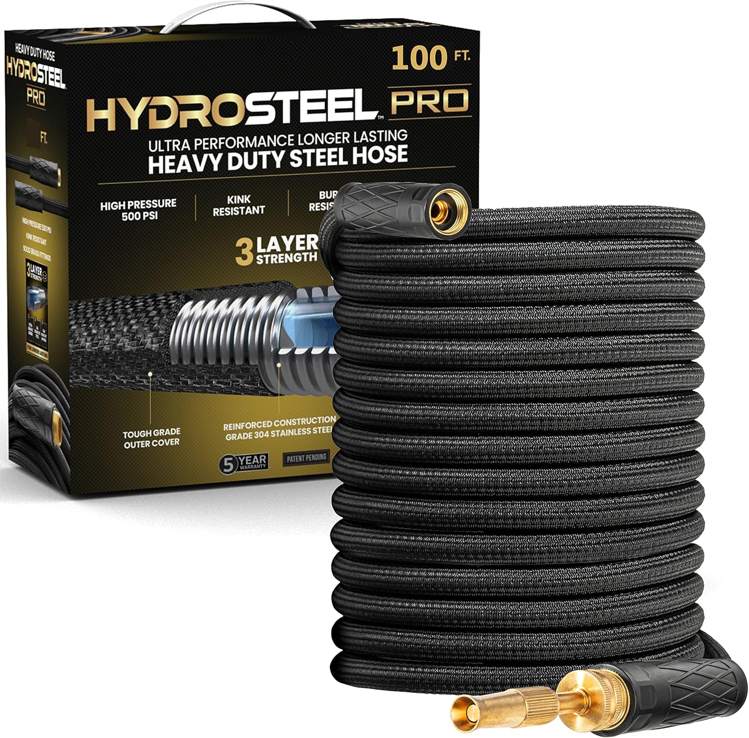 HYDROSTEEL PRO 100 Ft Metal Garden Hose with Nozzle, Indestructible 3-Layer Stainless Steel Heavy Duty Water Hose 100 Ft x 5/8 in. Kink Free Design Will Not Kink, Flexible, NON Expandable, 500 PSI