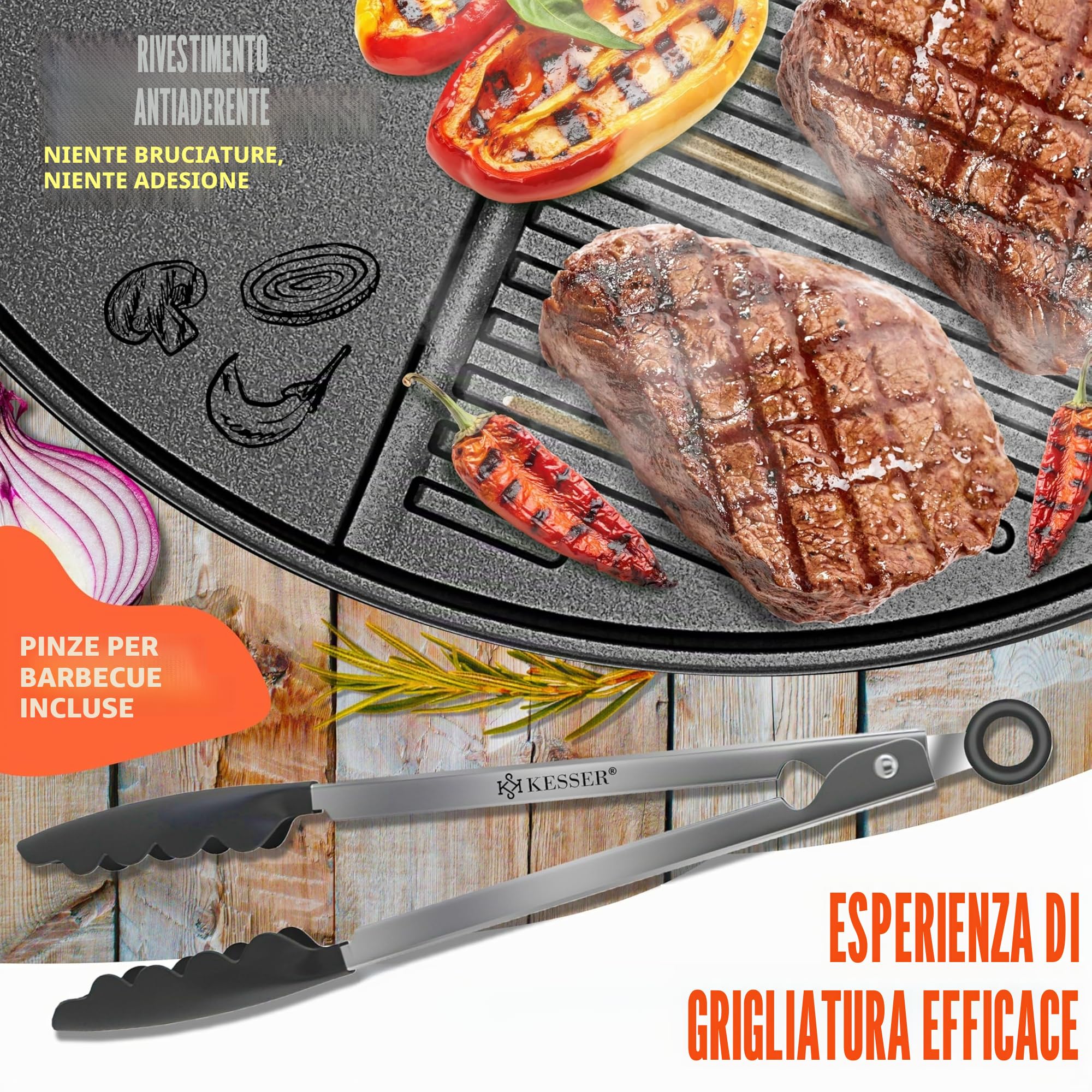 KESSER® Griglia elettrica 2in1 da tavolo - griglia da terra con coperchio | max. 2400 Watt | Pieghevole | Termostato | Rivestimento antiaderente | Piastra griglia tavoli di appoggio | 2 ruote | incl