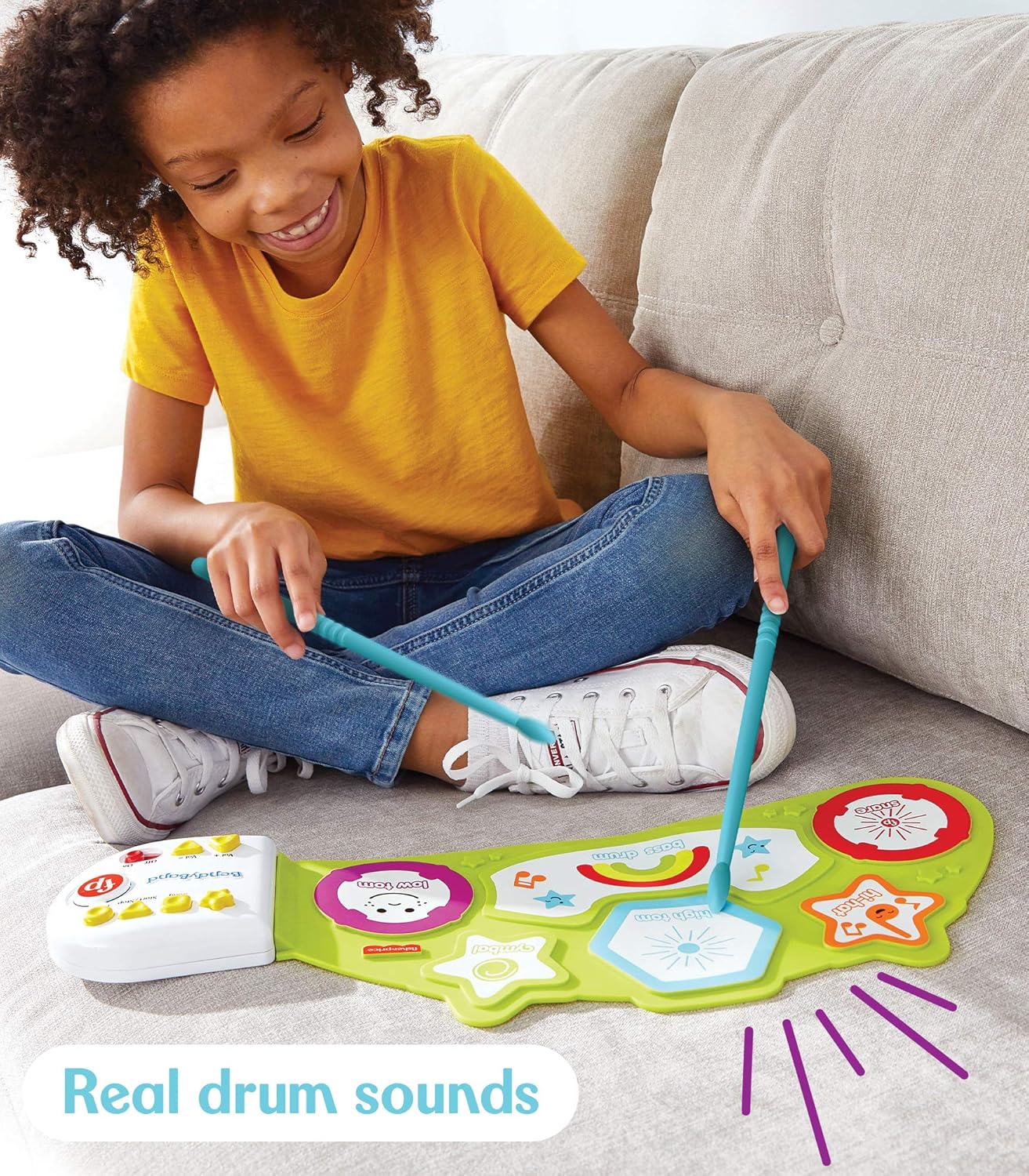 Fisher-Price BendyBand Roll-Up Drum Set, Electric Drums for Kids, Drum Mat, Drumsticks, 6 Percussion Instrument Sounds, Follow-Me Music Mode, Musical Toys for Toddlers, Ages 3+ : Everything Else