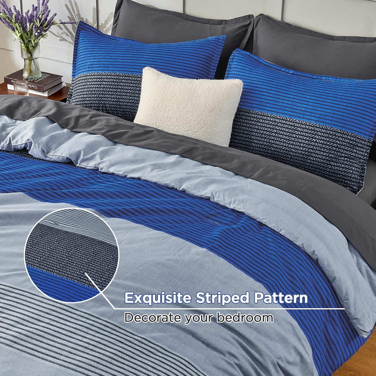Andency Full Size Comforter Set 7 Pieces - Blue Grey Striped Lightweight Bed in a Bag, Soft Microfiber Farmhouse All Season Bedding Set with Comforter, Fitted & Flat Sheet, Pillowcases & Shams - Image 3