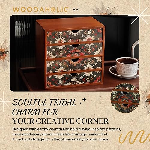Miniatura 7 de Organizador de escritorio de madera verde bohemio con cajones, caja de almacenamiento de escritorio de 4 cajones, organizador de escritorio de
