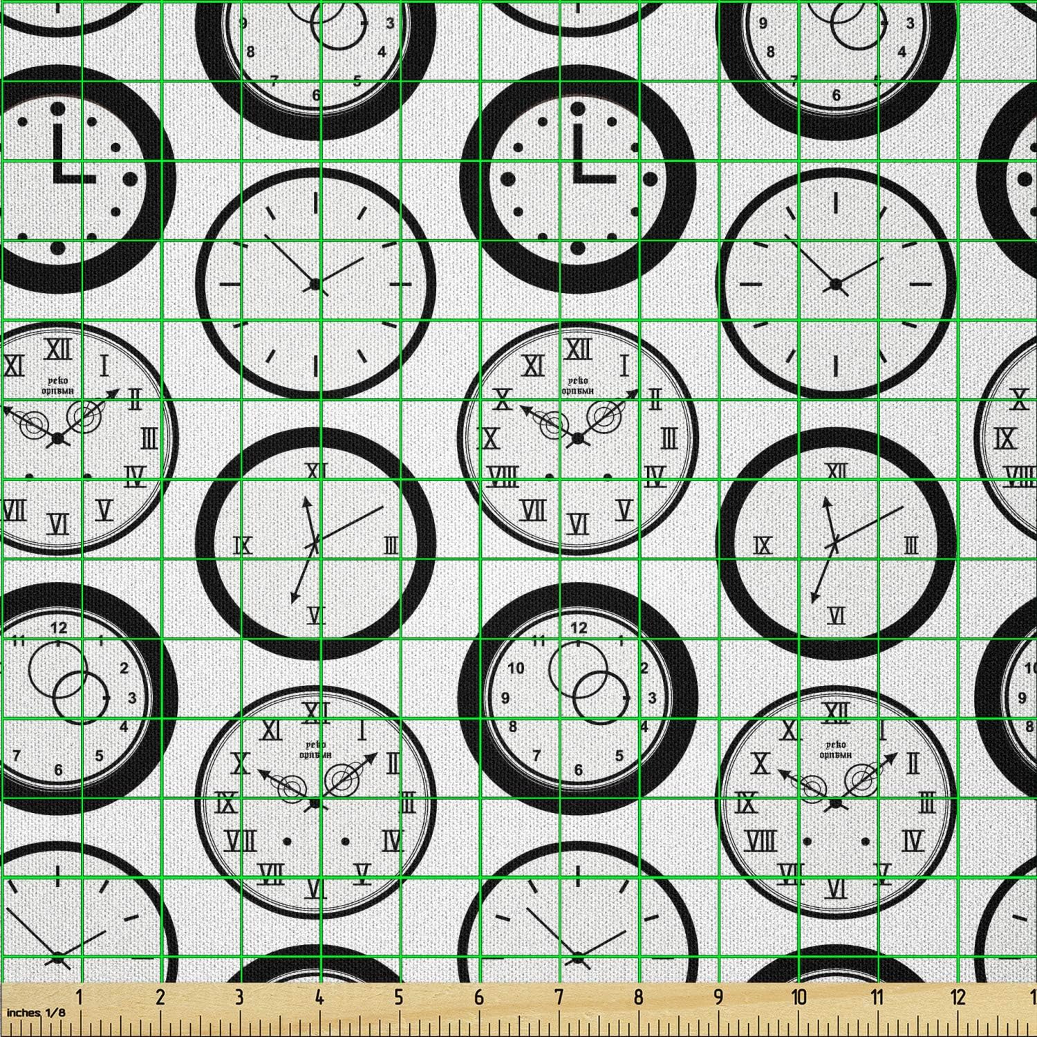 Lunarable Clock Fabric by The Yard, Retro Analog Watches with Roman Numerals Monochrome Clocks Vintage Inspirations, Microfiber Fabric for Arts and Crafts Textiles & Decor, 2 Yards, Black White