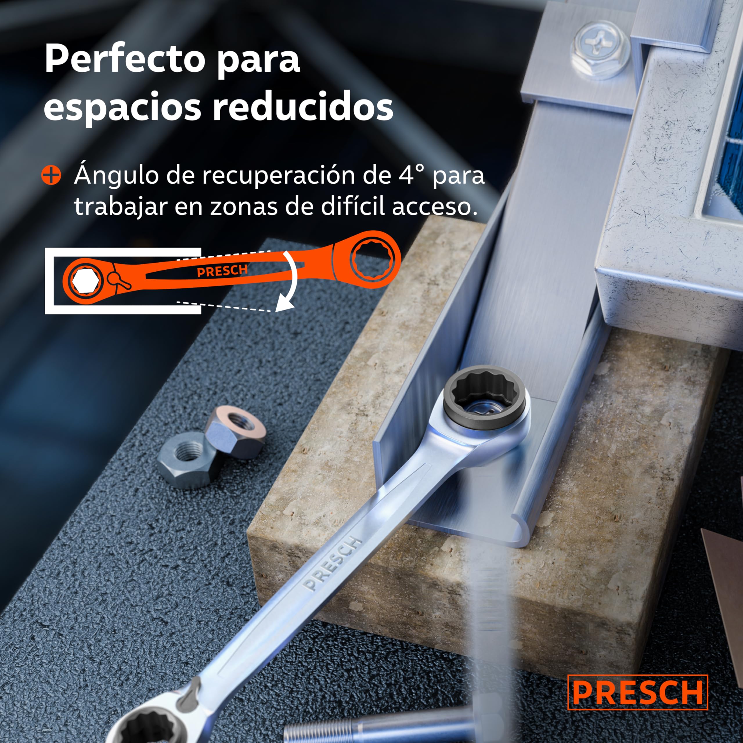 PRESCH Llave carraca doble 4 en 1 (9/11mm y 14/15mm) – Función de reversible – Con 90 dientes y ángulo de retroceso de 4° – 4 tamaños en una sola llave de carraca - Extremadamente resistente
