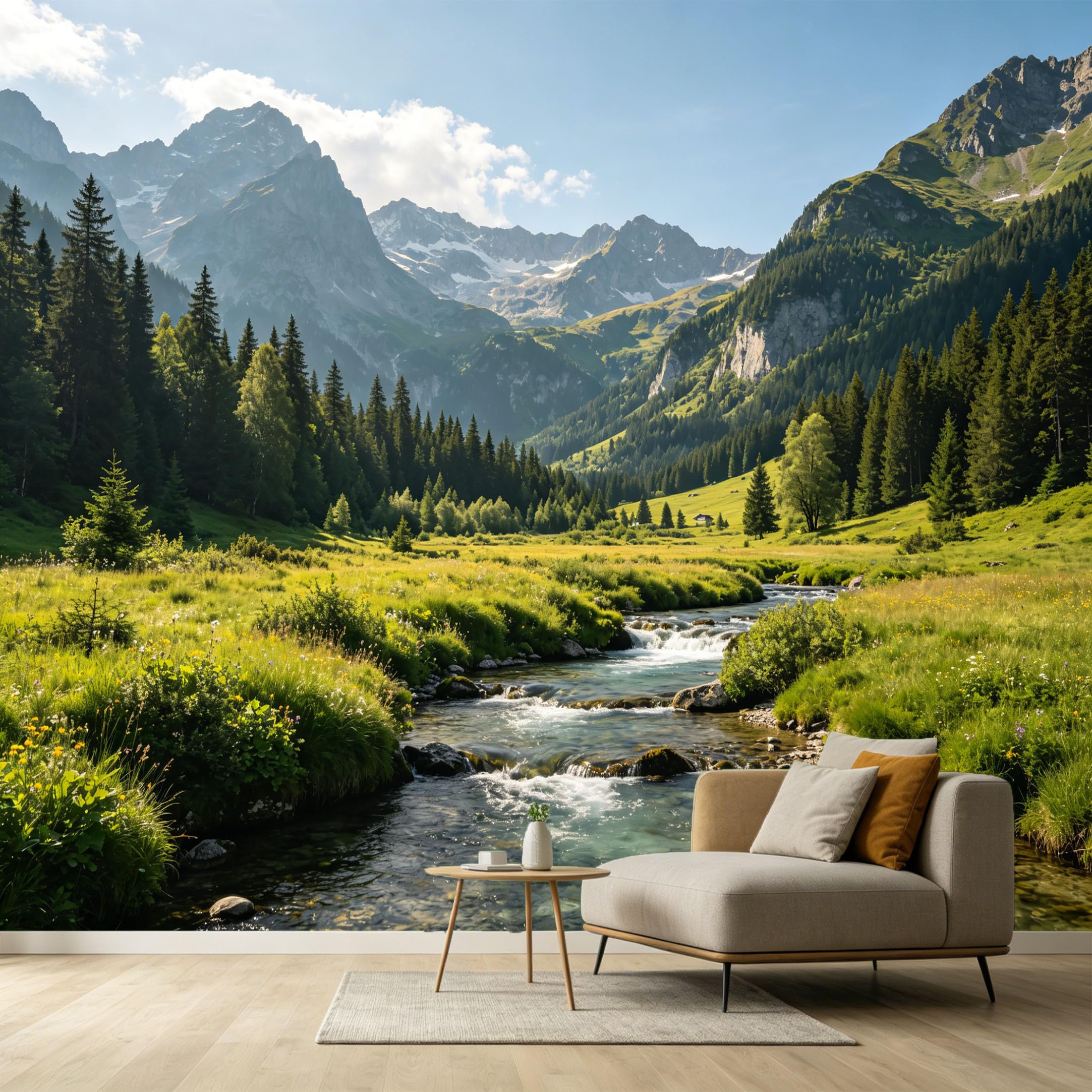 Custom Size Wall Murals Alpine Mountain Valley Landscape Forest River View SelfAdhesive Wall Fabric Removable Large Wallpaper for Photo Living Room Decor Wall Art