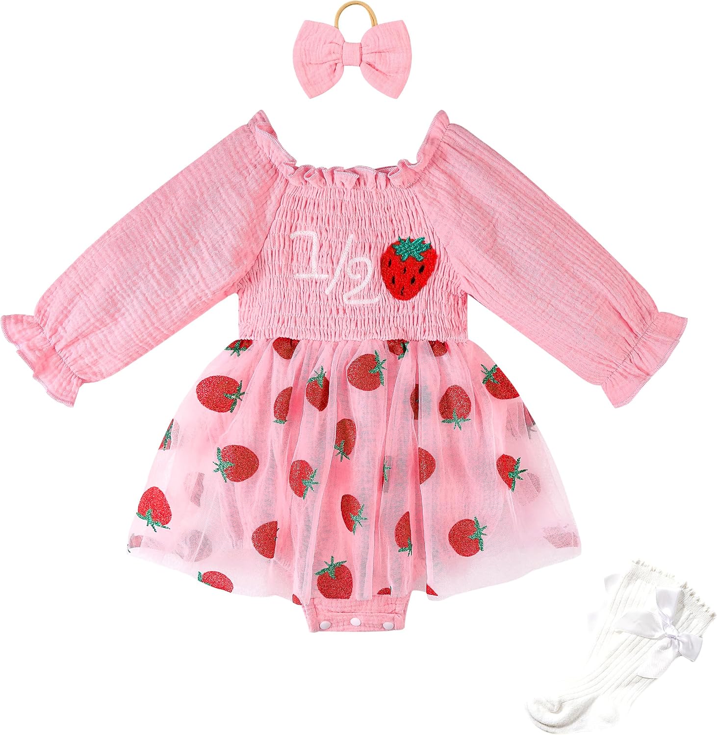 Miipat Baby Girl 1st Birthday Outfit Long Sleeve Tulle Romper Dress Cake Smash Clothes with Headband Socks