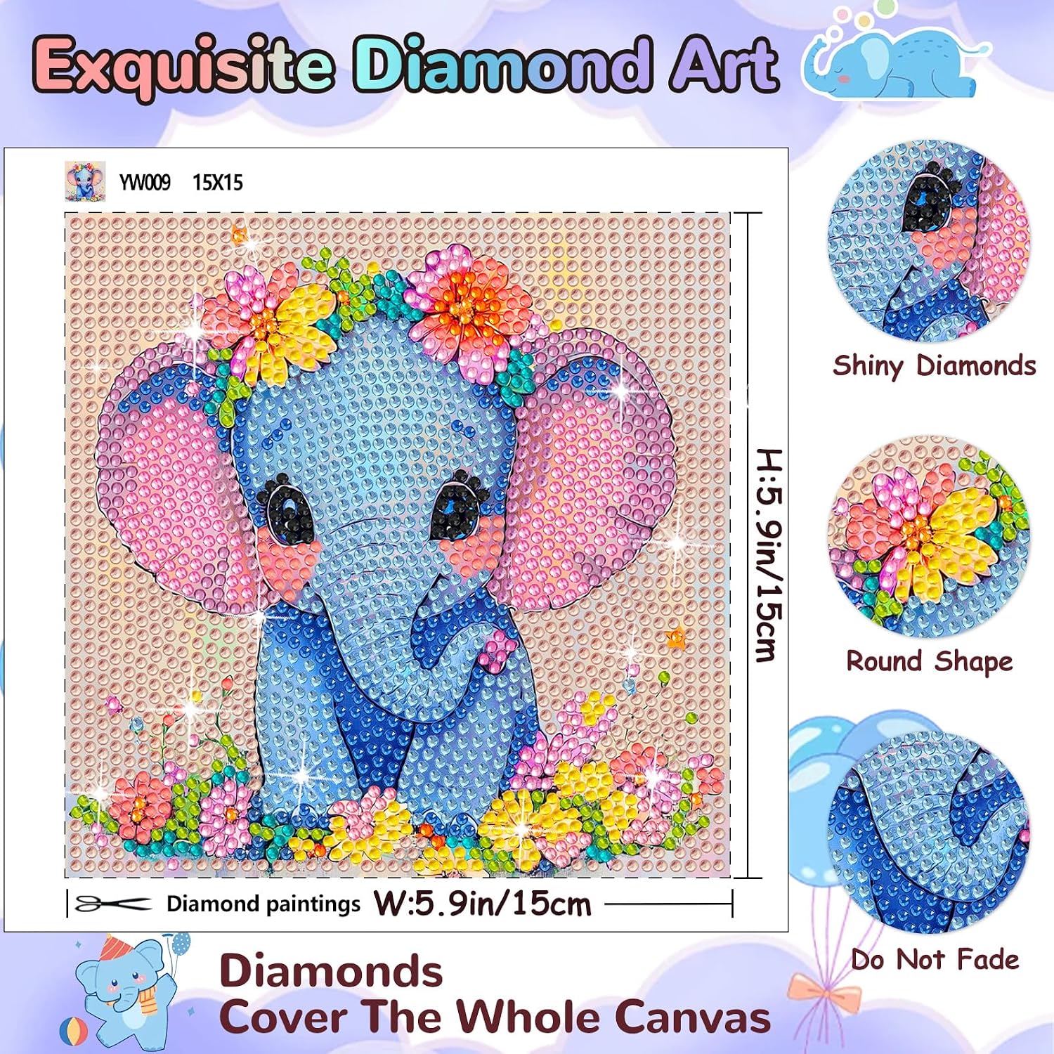 QUITEDEW Diamond Painting Kit with Wooden Frame,Animal Diamond Art Kit for Beginners,DIY Art Kits Supplies Gift Home Wall Decor 6x6 Inch(Elephant) image 2