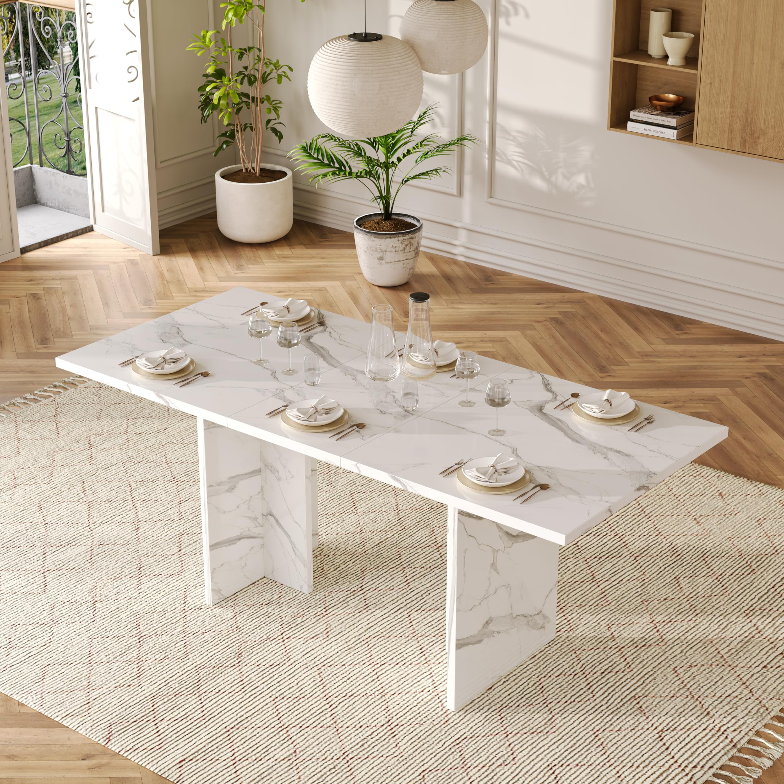 Rozsuwany stół do jadalni 140-180 x 80 cm dla 6-8 osób, wygląd białego marmuru, stół kuchenny z płytą MDF o grubości 30 mm, stabilny stół rodzinny do jadalni i kuchni